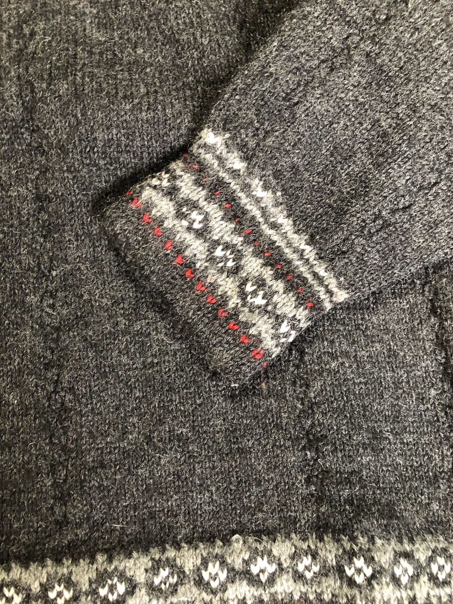 Kingspier Vintage - Handmade grey, red and white wool Norwegian style quarter zip sweater.