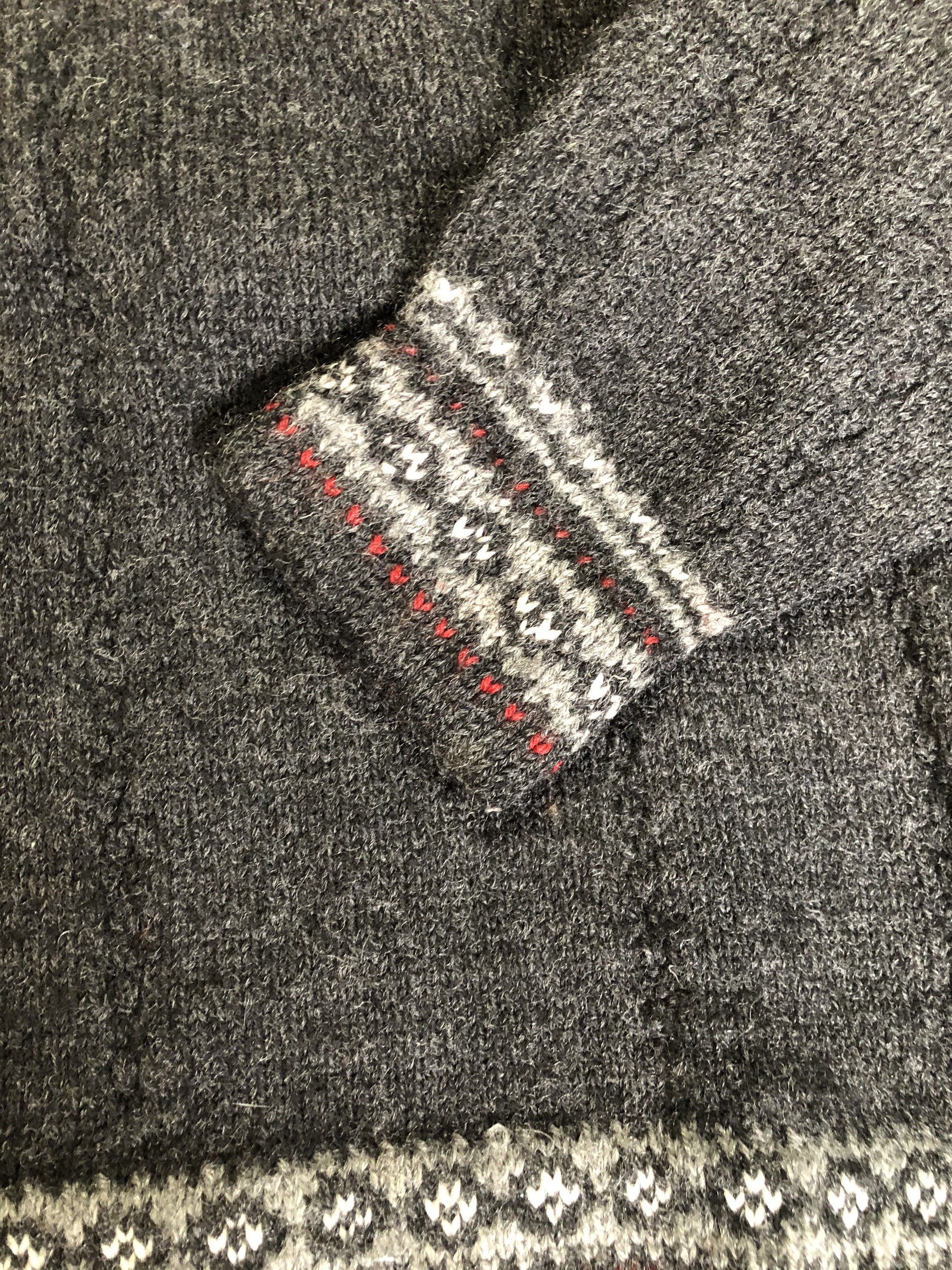 Kingspier Vintage - Handmade grey, red and white wool Norwegian style quarter zip sweater.