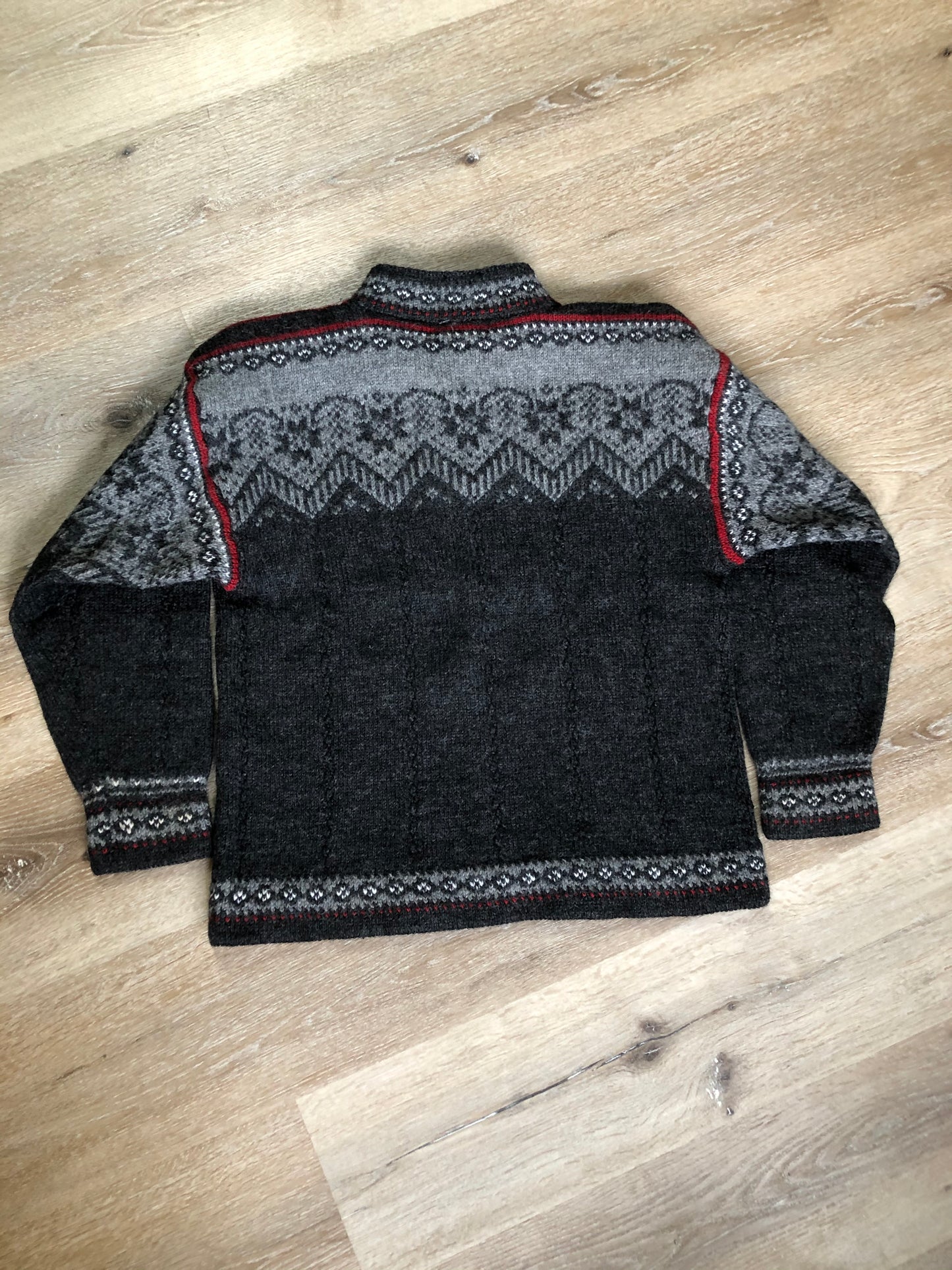 Kingspier Vintage - Handmade grey, red and white wool Norwegian style quarter zip sweater.