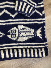 Load image into Gallery viewer, Kingspier Vintage - Amos &amp; Andes Imports South American wool sweater in dark blue and white with fish motif. Size large.
