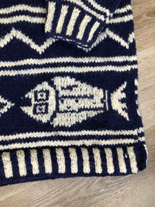 Kingspier Vintage - Amos & Andes Imports South American wool sweater in dark blue and white with fish motif. Size large.