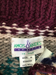 Kingspier Vintage - Amos & Andes Imports multi-coloured quarter button up wool sweater with sailboat motif. Made in Ecuador.