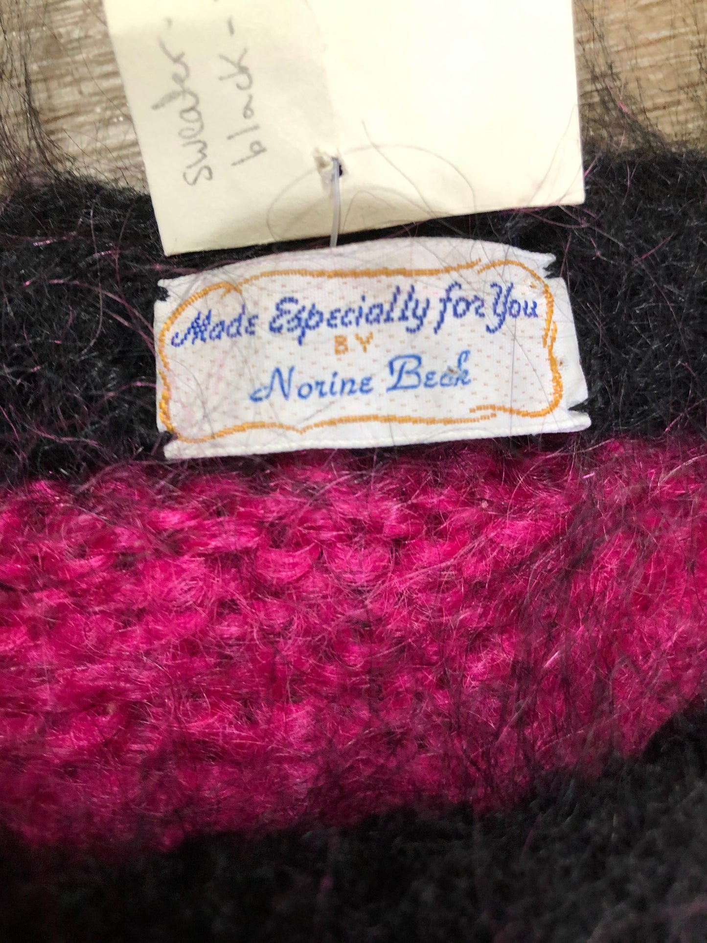 Kingspier Vintage - Hand knit hot pink and black mohair sweater with dolman sleeves. Size medium.
