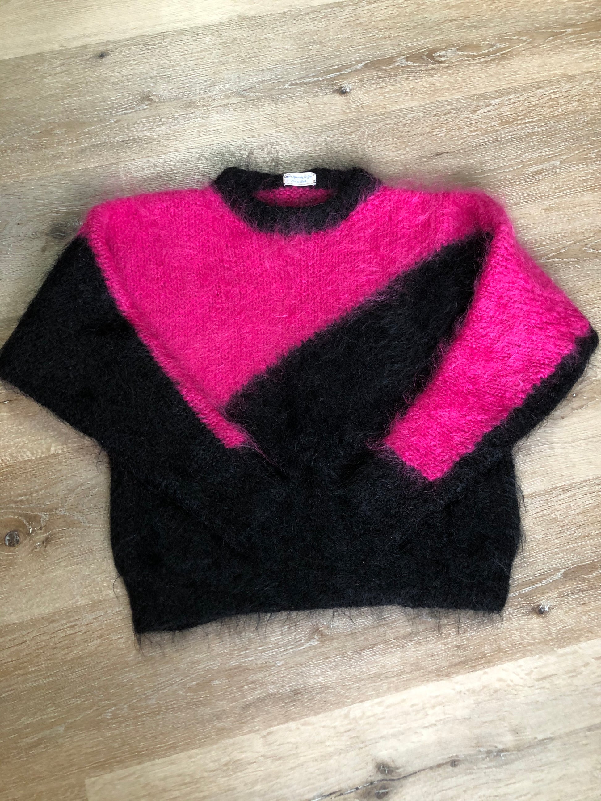 Kingspier Vintage - Hand knit hot pink and black mohair sweater with dolman sleeves. Size medium.