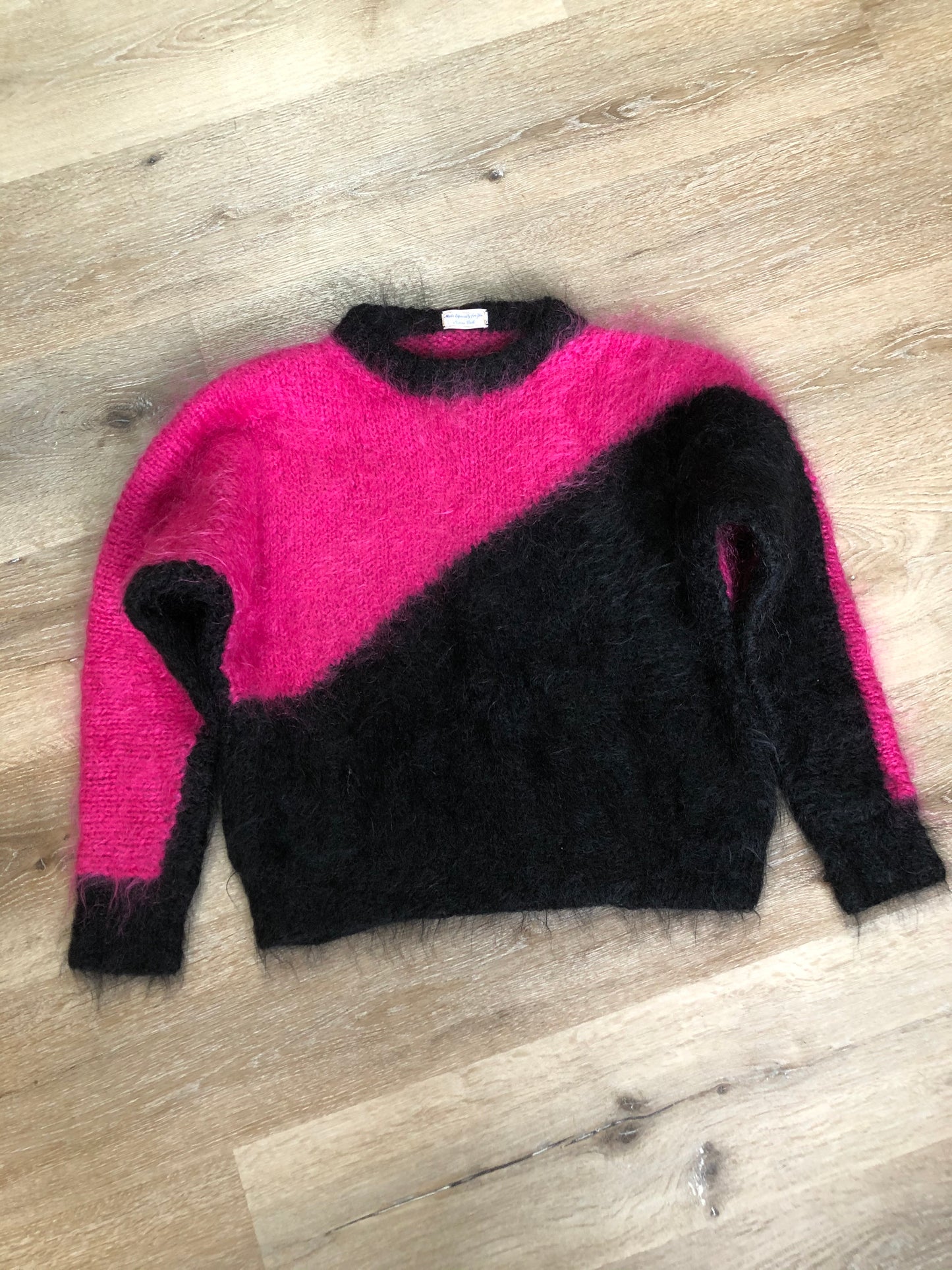 Kingspier Vintage - Hand knit hot pink and black mohair sweater with dolman sleeves. Size medium.