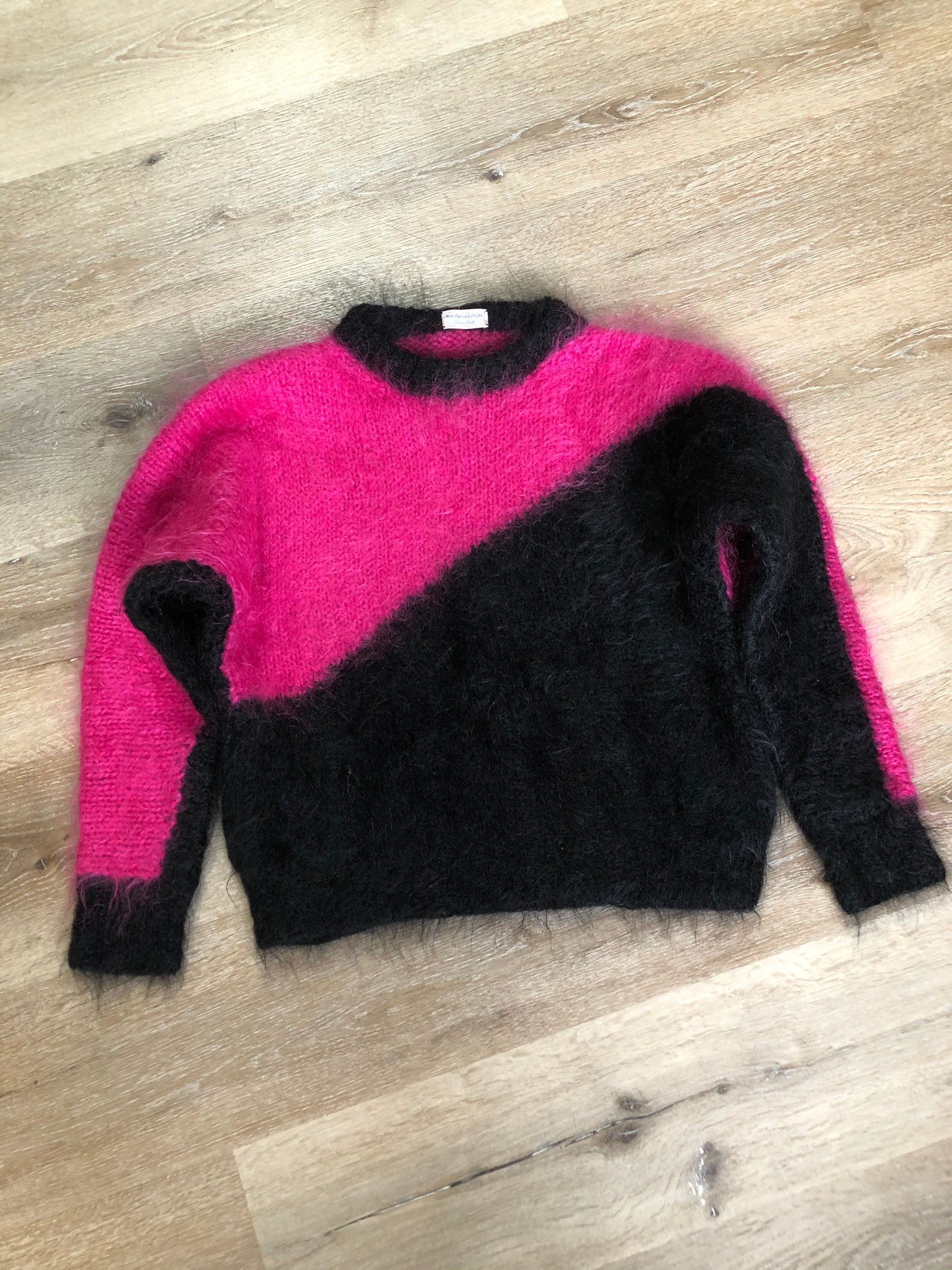 Kingspier Vintage - Hand knit hot pink and black mohair sweater with dolman sleeves. Size medium.