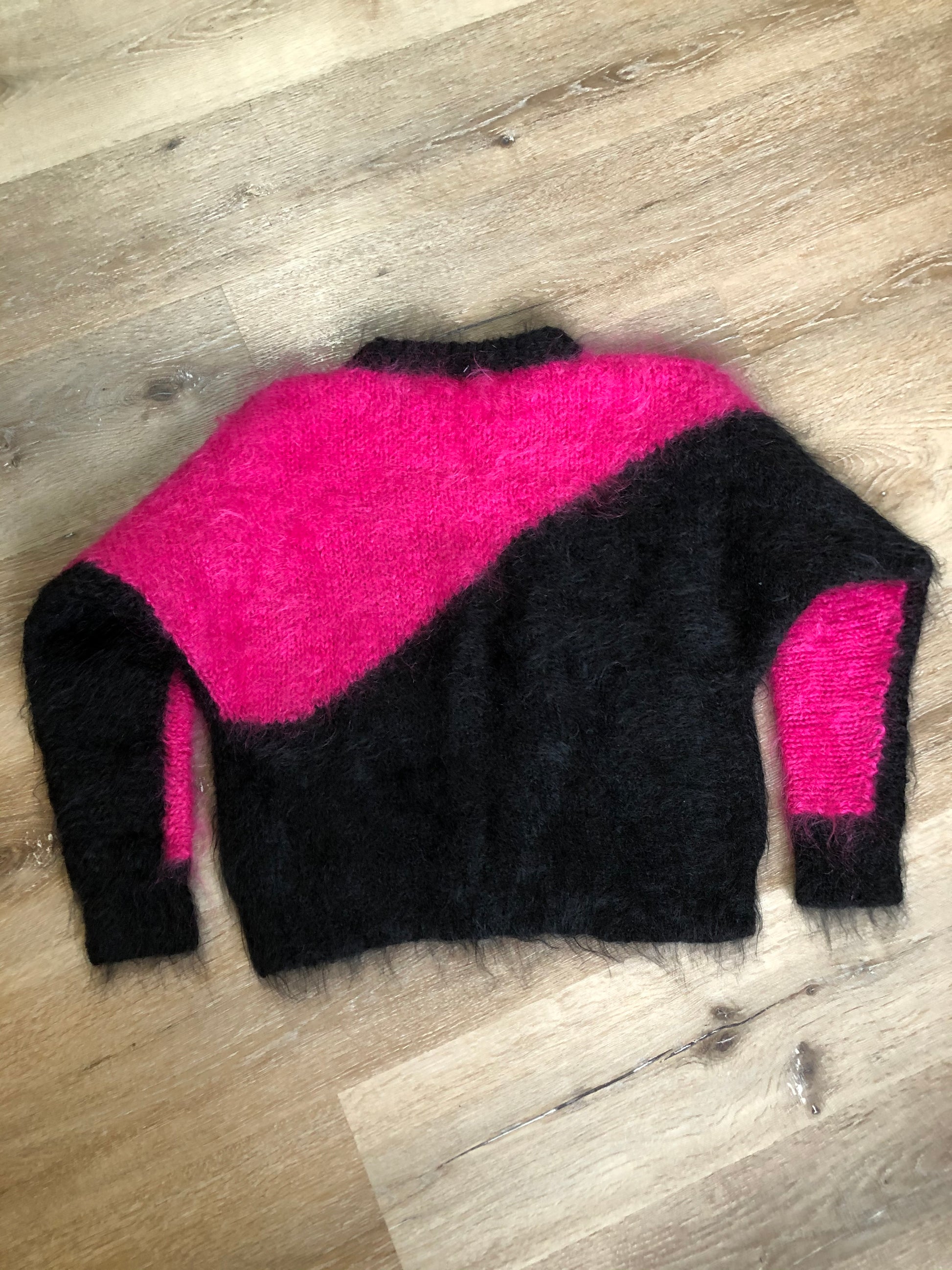 Kingspier Vintage - Hand knit hot pink and black mohair sweater with dolman sleeves. Size medium.