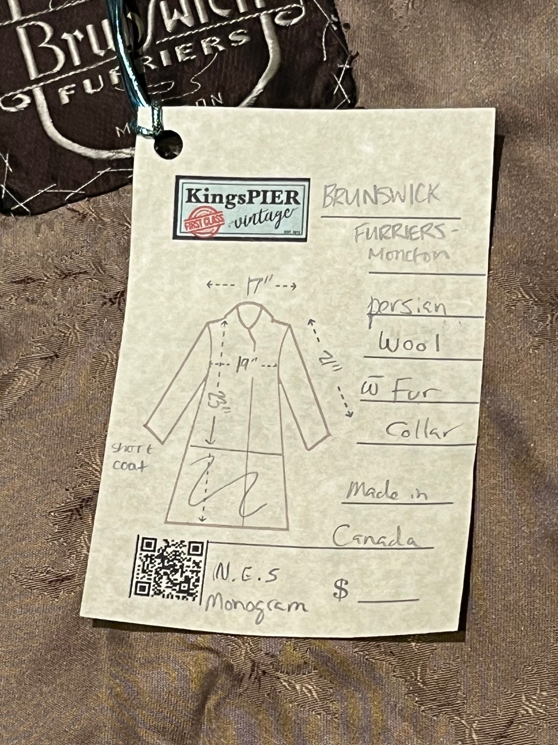 Vintage Brunswick Furriers brown persian lamb jacket with fur collar, two front pockets, flower decorated button closures and a “N.G.S” monogram on the inside lining.
Made in Canada, Chest 38”