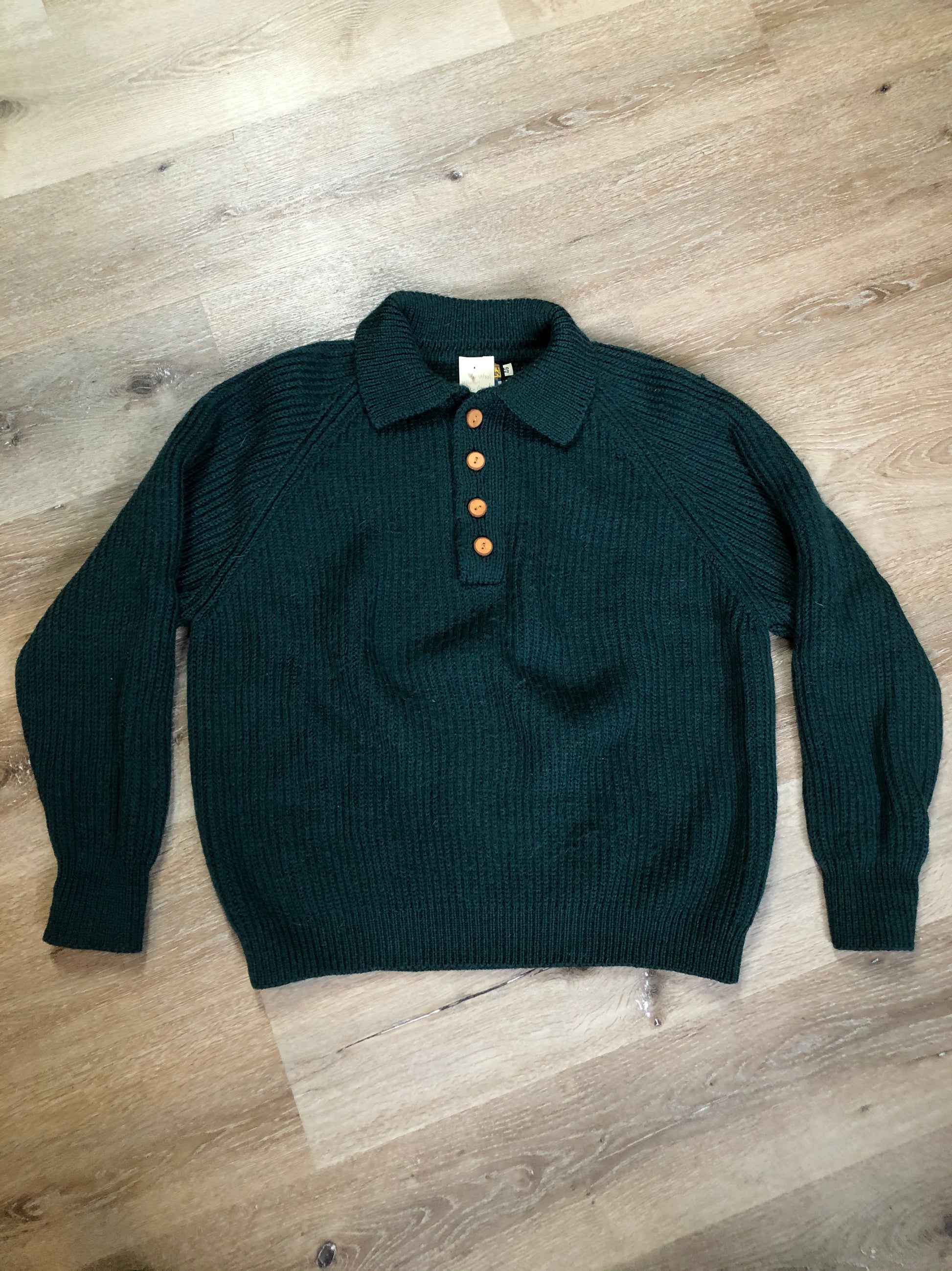 Kingspier Vintage - Great Northern Knitters green wool button up sweater. Made in Canada, Size M/L.