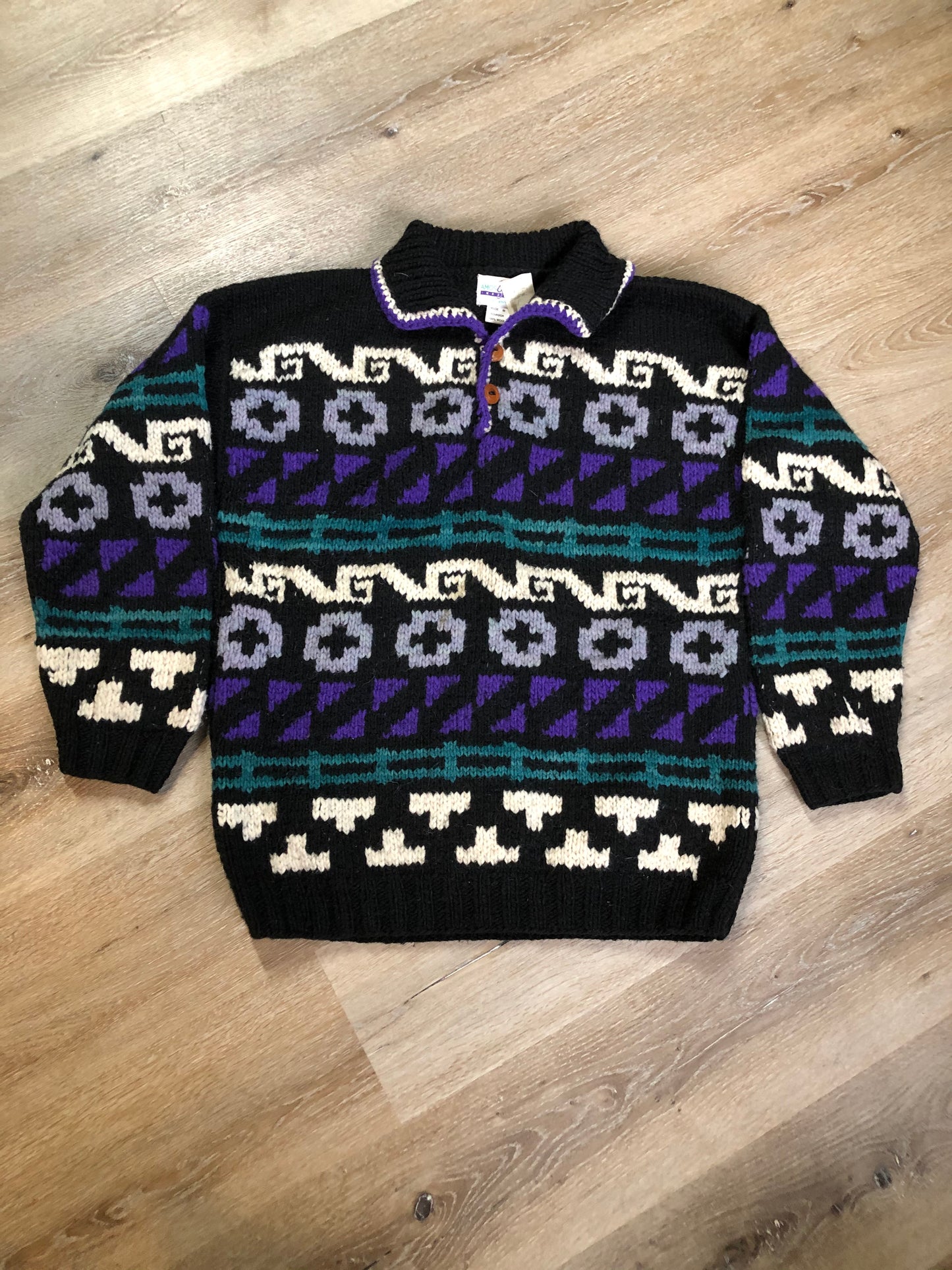 Kingspier Vintage - Amos & Andes Imports quarter button up wool sweater in black, purple, green and cream. Made in Ecuador. Size XL.