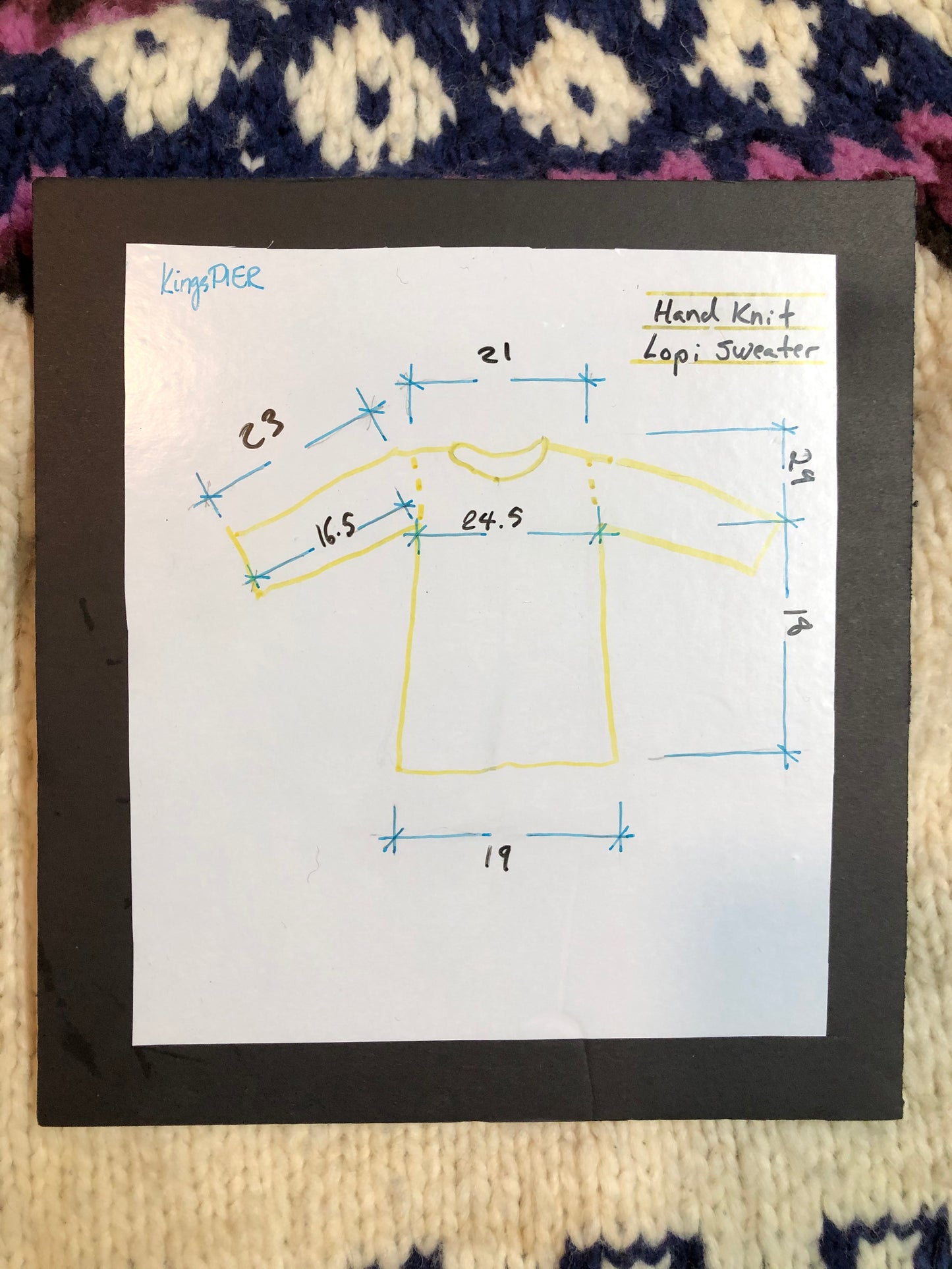 Kingspier Vintage - Vintage Handknit wool lopi sweater with white, navy, purple, pink and black design. Made in Ecuador. Size large.