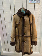 Load image into Gallery viewer, Vintage Sears “The Mens Store” shearling coat with two front pockets and button closures.

Size 44
