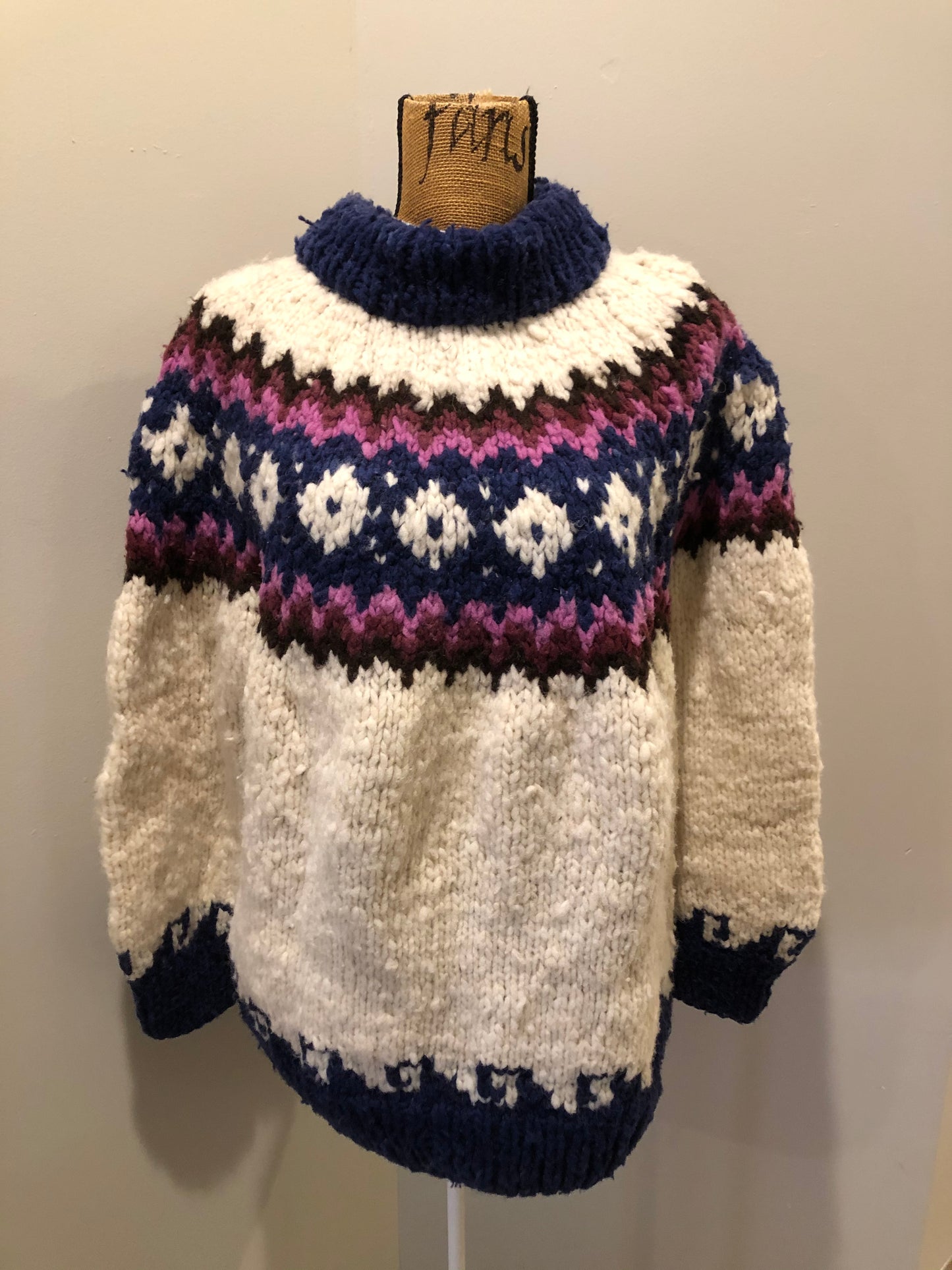 Kingspier Vintage - Vintage Handknit wool lopi sweater with white, navy, purple, pink and black design. Made in Ecuador. Size large.