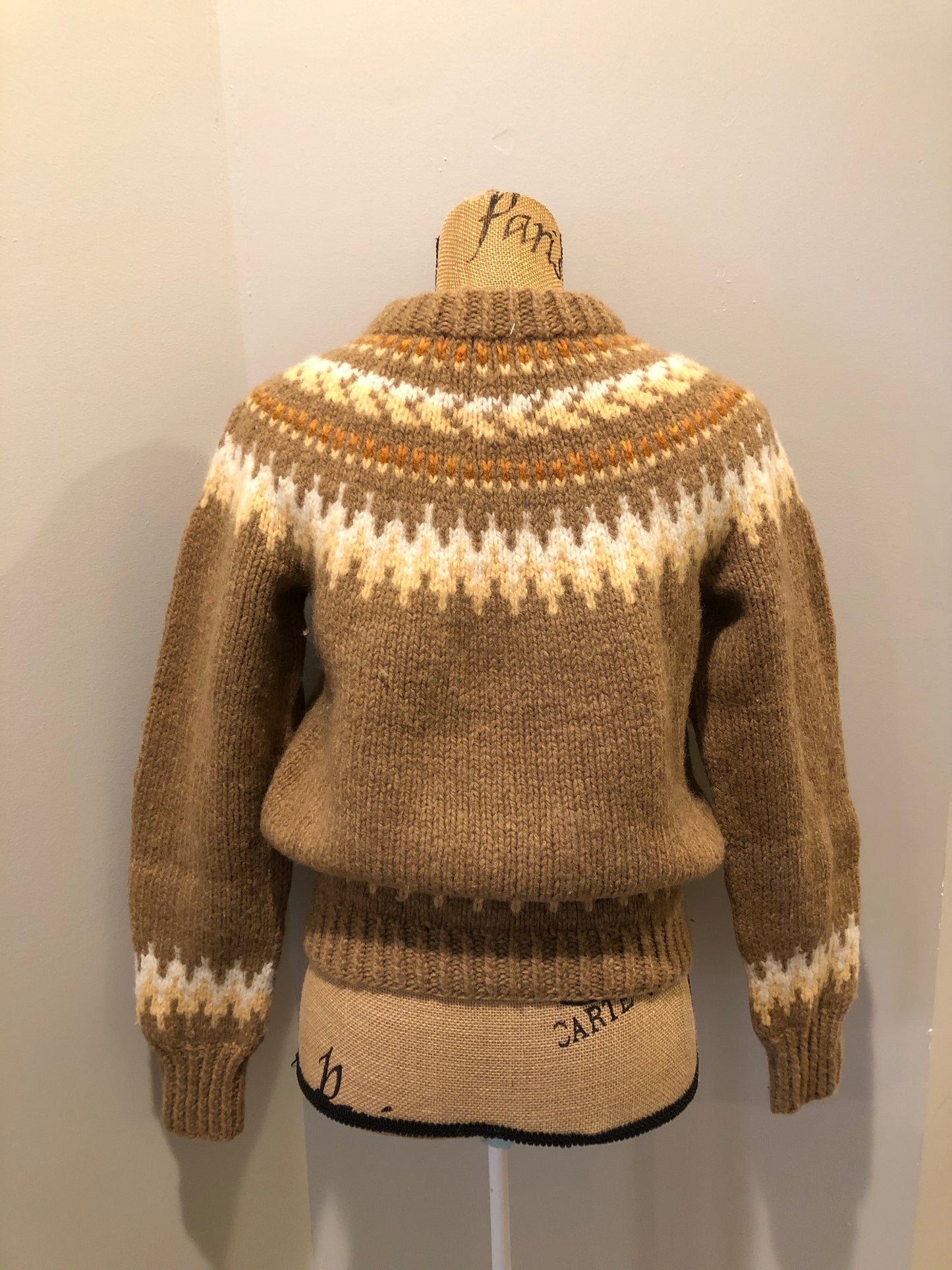 Kingspier Vintage - Handknit wool lopi sweater with browns, cream and yellow design. Made in Scotland. Size small/ XS.