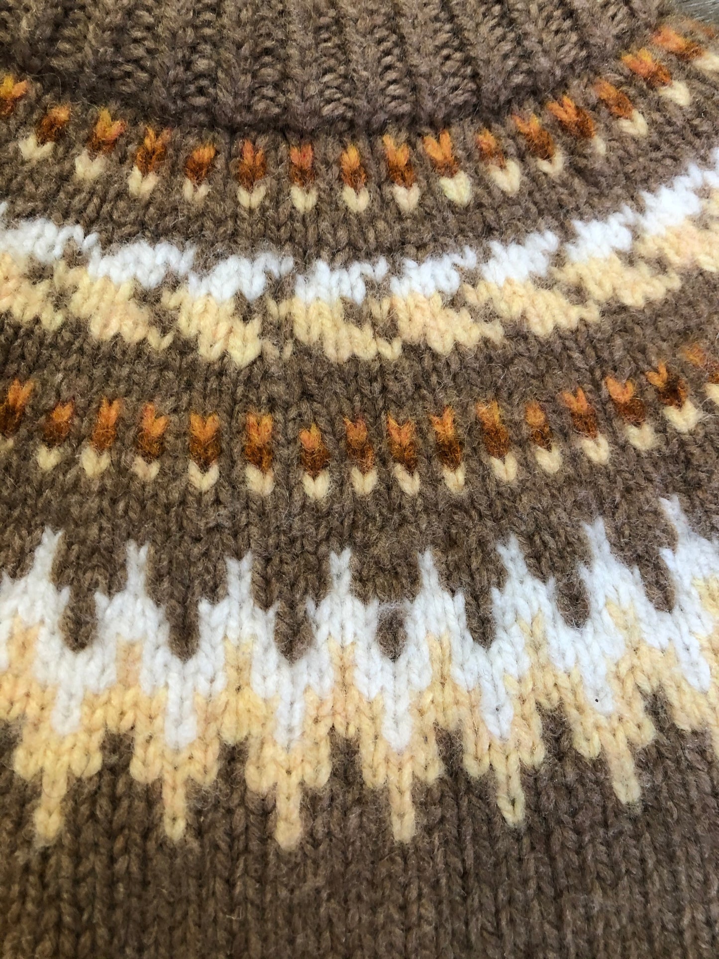 Kingspier Vintage - Handknit wool lopi sweater with browns, cream and yellow design. Made in Scotland. Size small/ XS.