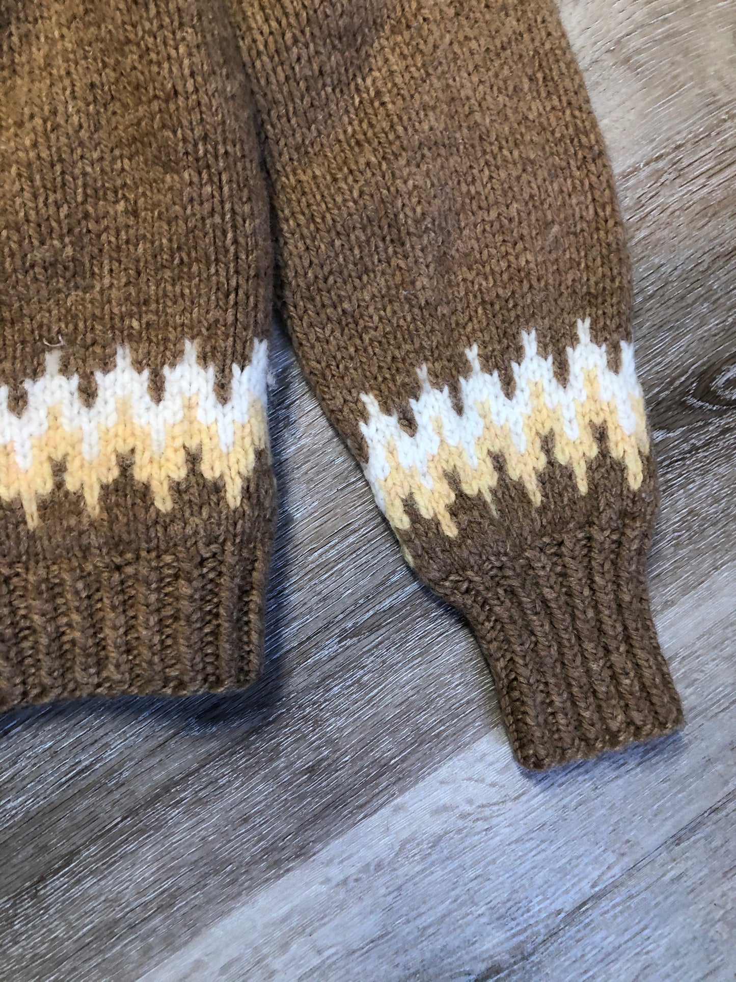 Kingspier Vintage - Handknit wool lopi sweater with browns, cream and yellow design. Made in Scotland. Size small/ XS.
