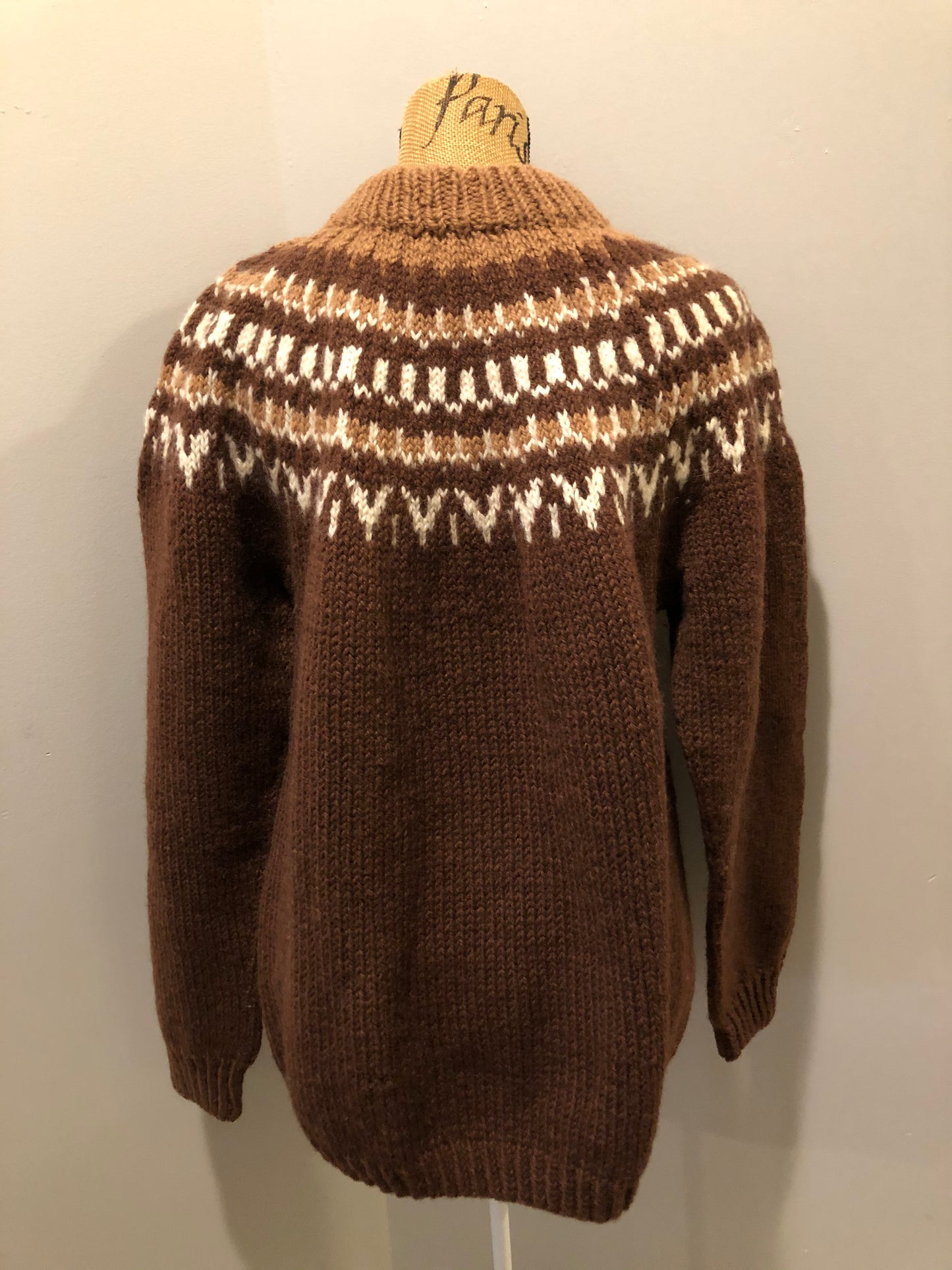 Kingspier Vintage - Handknit lopi sweater with warm brown and white design. Fibres unknown. Made in Nova Scotia, Canada. Size medium.