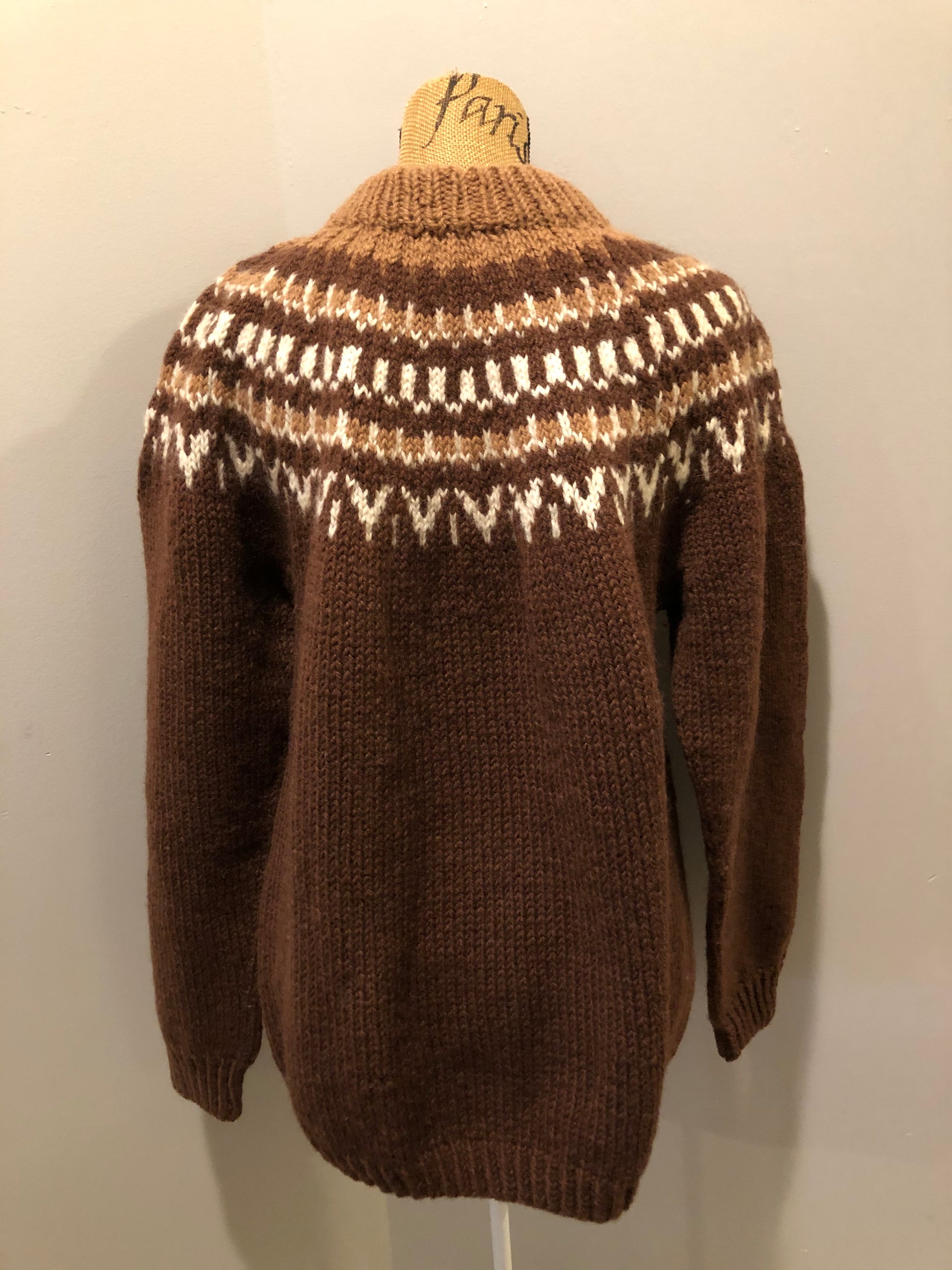 Kingspier Vintage - Handknit lopi sweater with warm brown and white design. Fibres unknown. Made in Nova Scotia, Canada. Size medium.