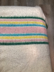 Kingspier Vintage - Vintage white 100% wool blanket with green, blue, yellow and pink stripe at both ends. Fits a twin size bed.