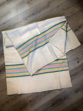 Load image into Gallery viewer, Kingspier Vintage - Vintage white 100% wool blanket with green, blue, yellow and pink stripe at both ends. Fits a twin size bed.
