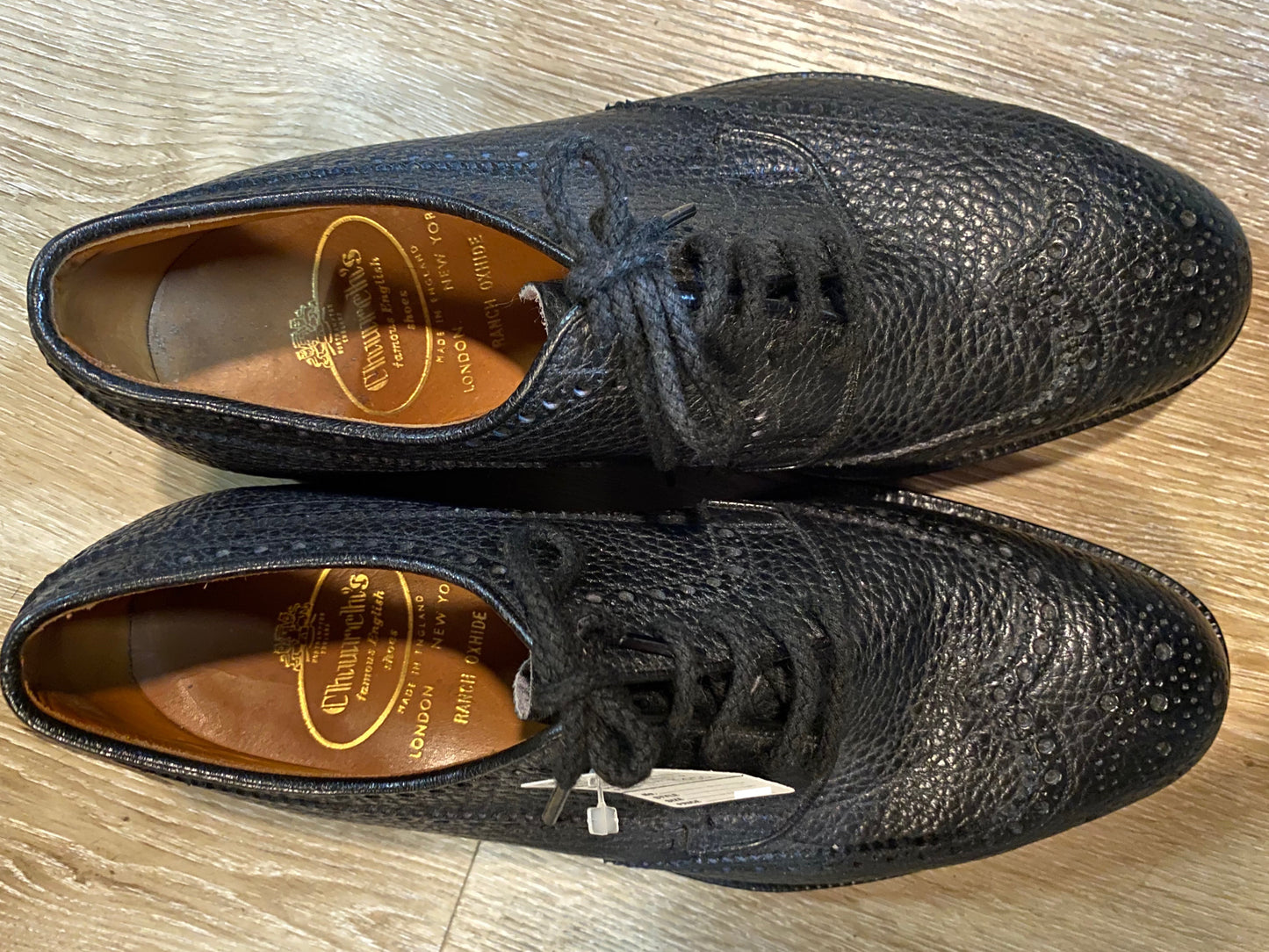 Kingspier Vintage - Black 1950s Ranch Oxhide Pebbled Leather Full Brogue Wingtip Derbies by Church's Famous English Shoes - Sizes: 6M 7.5W 38-39EURO, Made in Northampton, England, Leather Soles and Partial Rubber Heels