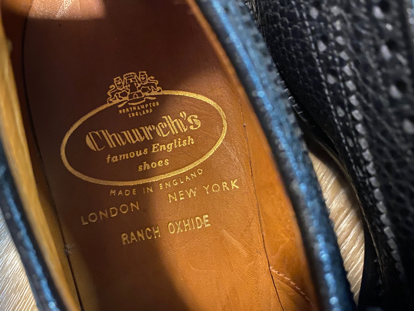 Kingspier Vintage - Black 1950s Ranch Oxhide Pebbled Leather Full Brogue Wingtip Derbies by Church's Famous English Shoes - Sizes: 6M 7.5W 38-39EURO, Made in Northampton, England, Leather Soles and Partial Rubber Heels