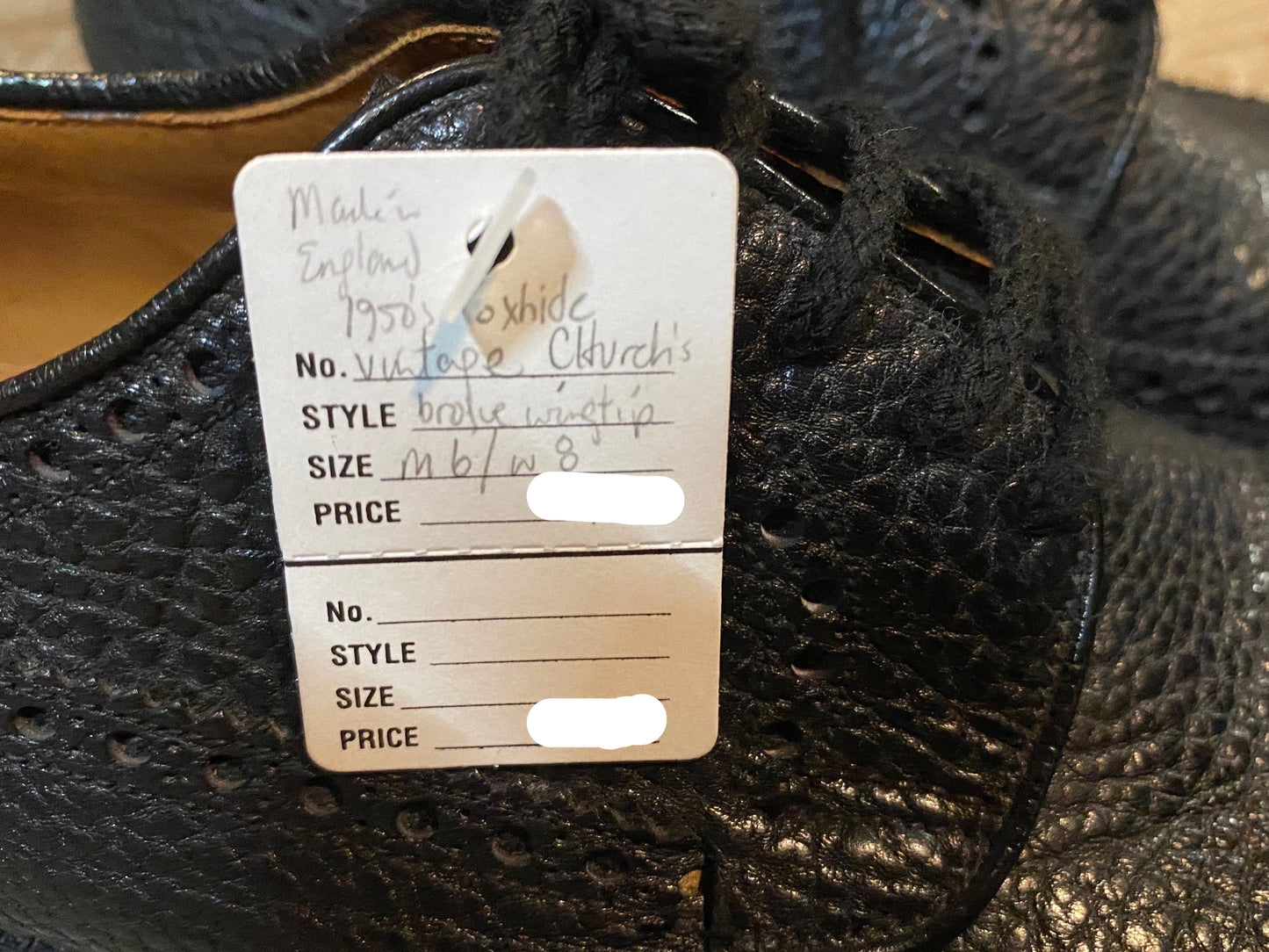 Kingspier Vintage - Black 1950s Ranch Oxhide Pebbled Leather Full Brogue Wingtip Derbies by Church's Famous English Shoes - Sizes: 6M 7.5W 38-39EURO, Made in Northampton, England, Leather Soles and Partial Rubber Heels