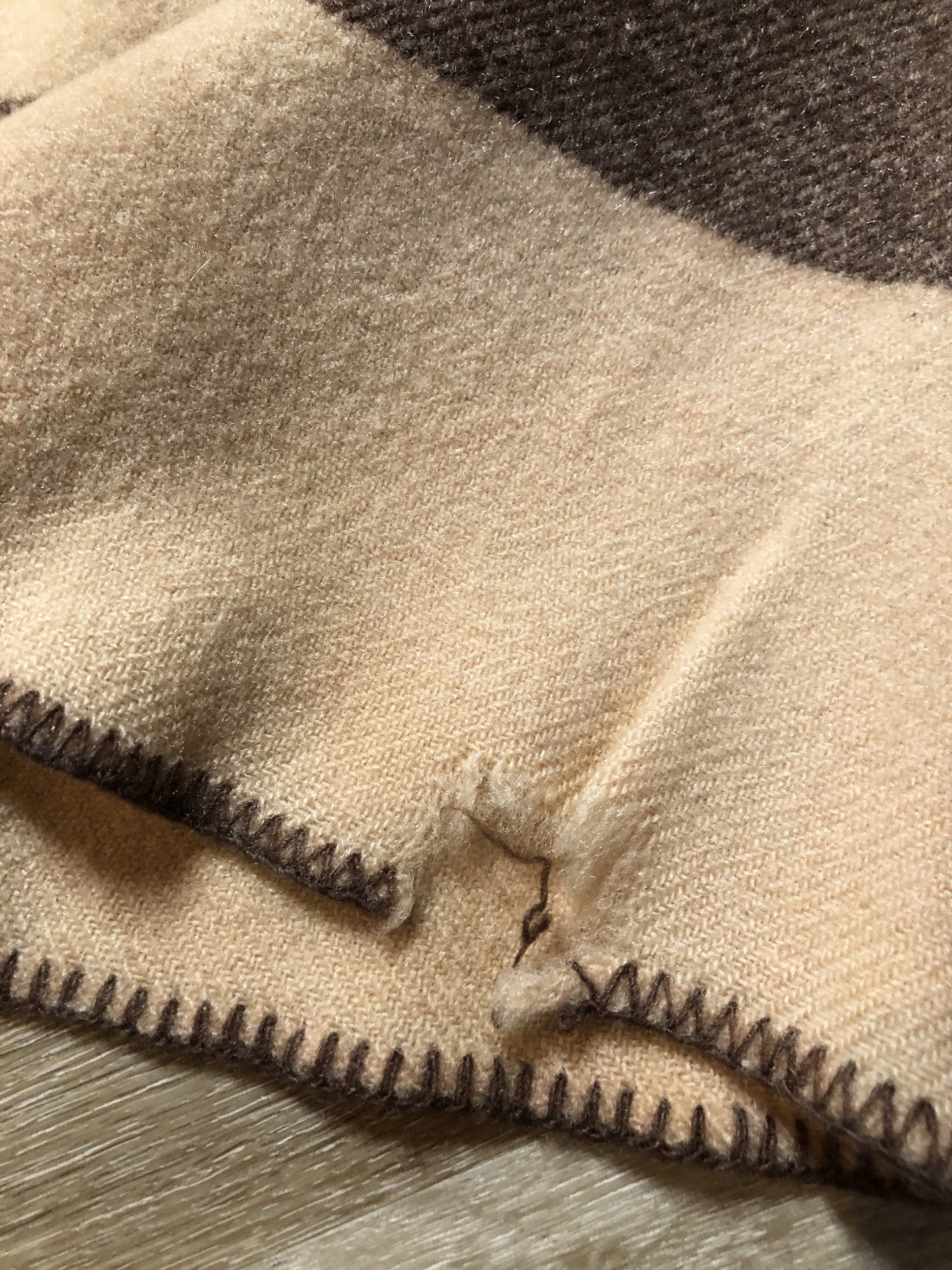 Kingspier Vintage - Vintage beige 100% Wool small blanket or throw with brown stripe.