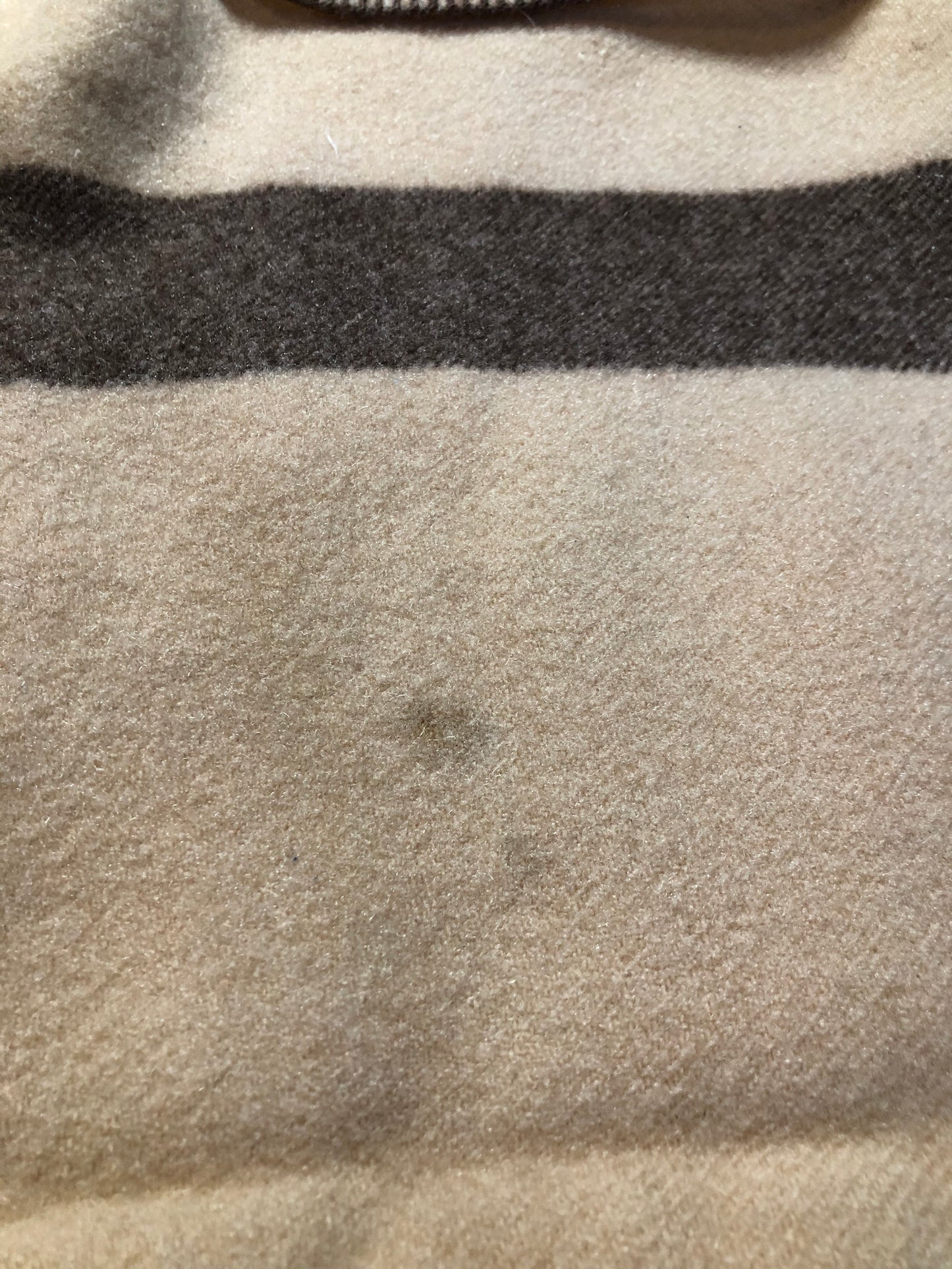 Kingspier Vintage - Vintage beige 100% Wool small blanket or throw with brown stripe.