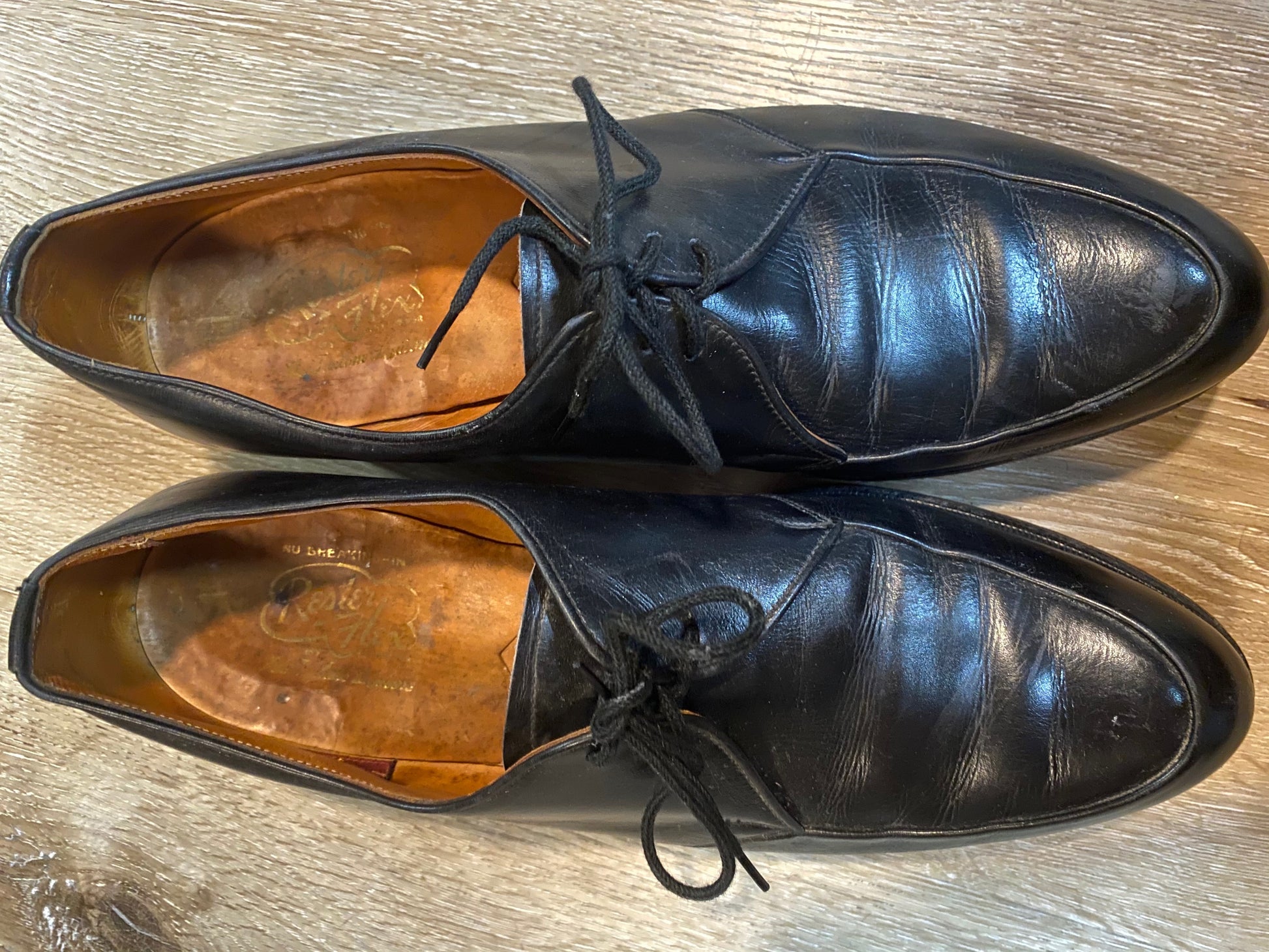 Kingspier Vintage - “No Breaking-In” Black Leather Derbies by MacFarlane Leisure Rester-Flex - Sizes: 7M 8.5W 39-40EURO, Made in Canada, Leather Soles, D Ball B Heel