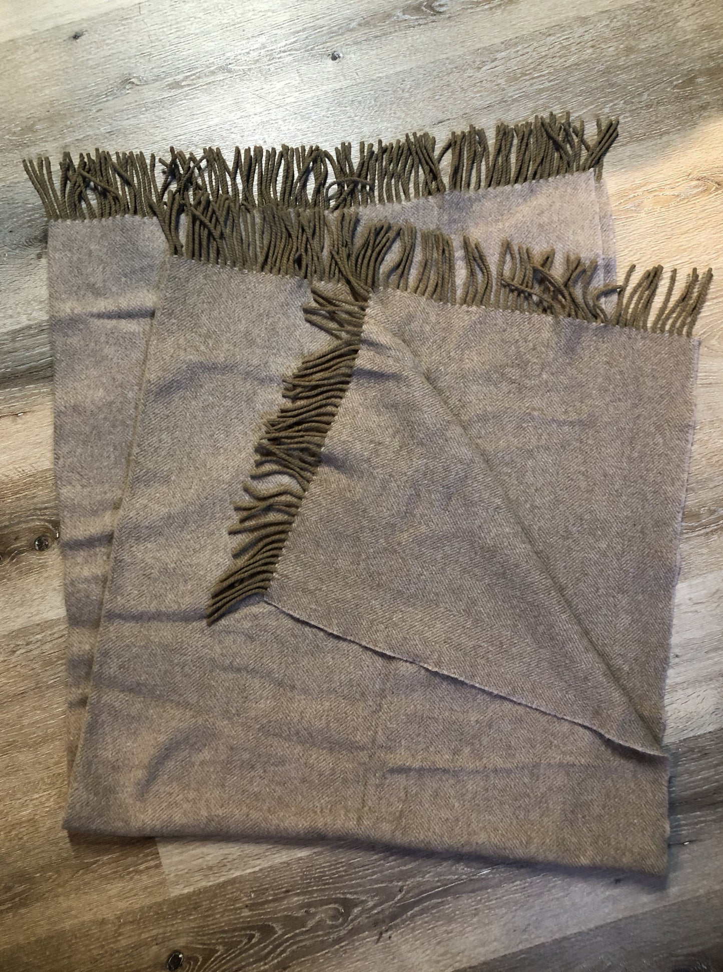 Kingspier Vintage - Edinburgh Old Town Weaving Co. taupe 100% wool lap blanket.