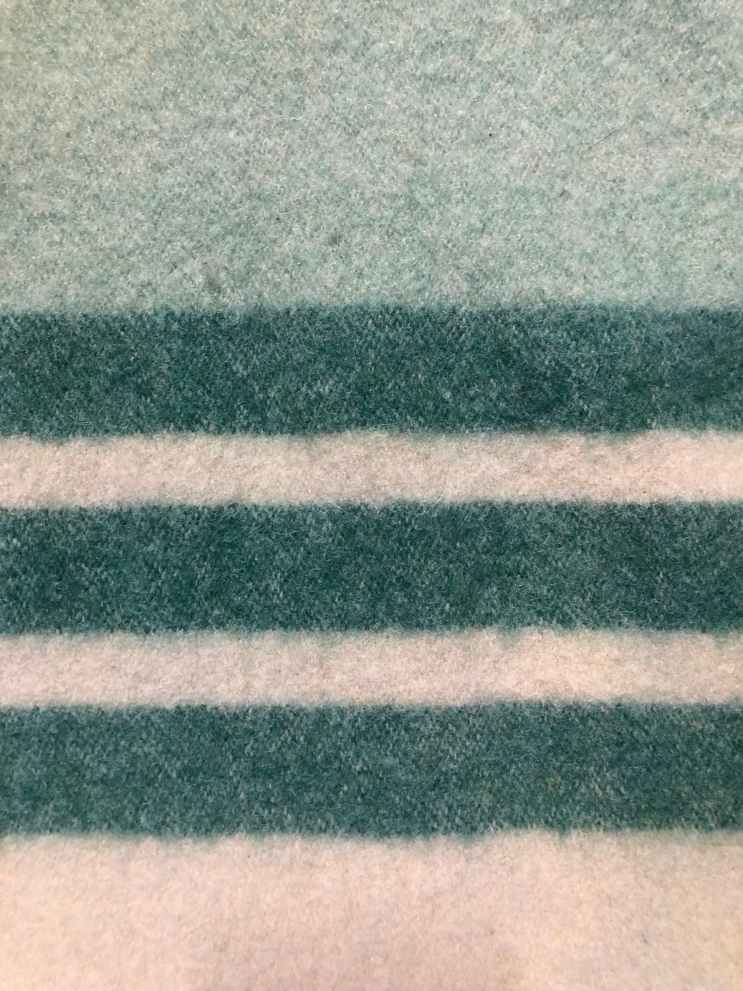 Kingspier Vintage - Vintage 60’s Ayer’s of Lachute 100% wool blanket in cream with green stripes at both ends. Mother proof and made in Canada.