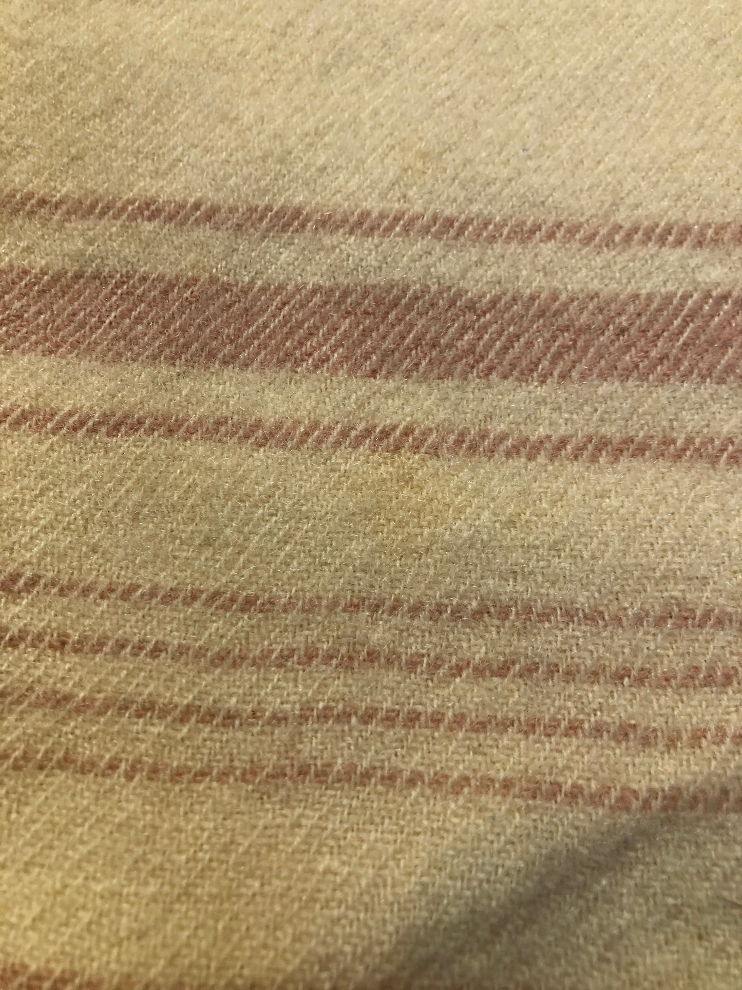 Kingspier Vintage - Vintage Boswell beige and pink stripe wool lap blanket with green reinforcement on the back of the ribbon.