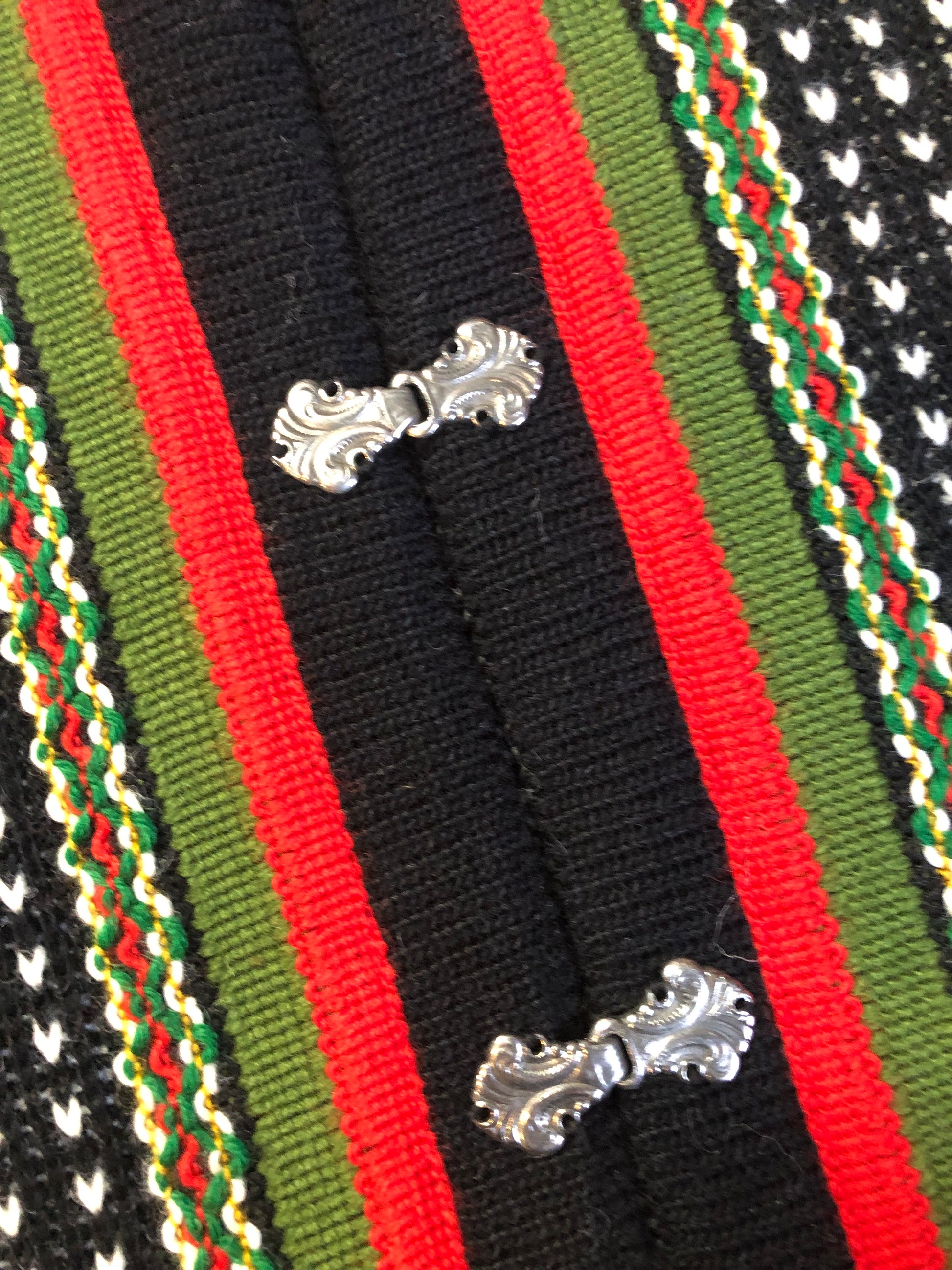 Vintage Nordstrikk 100% wool cardigan with colourful Norwegian pattern and pewter clasps. NWOT. Made in Norway - Kingspier Vintage