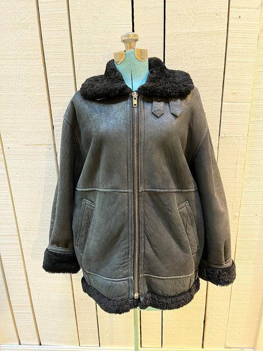 Vintage Black Shearling Bomber Jacket, 
Made in Canada
Size Medium