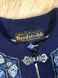 Vintage Nordstrikk 100% wool quarter cut jumper with colourful blue and yellow Norwegian pattern and pewter clasps. Made in Norway  - Kingspier Vintage