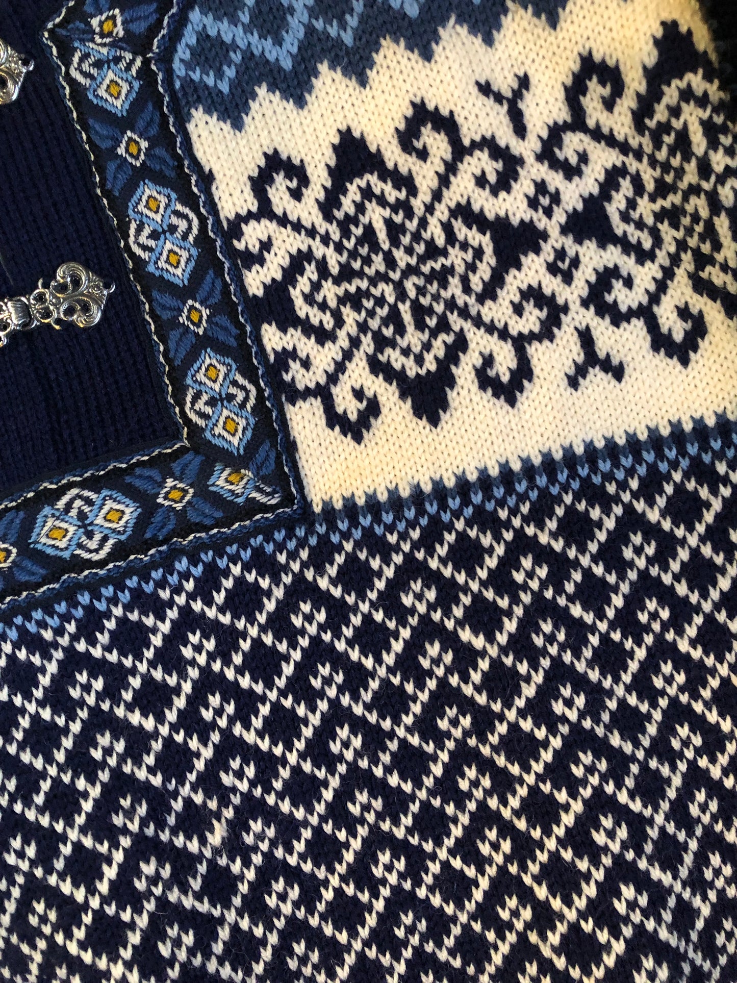 Vintage Nordstrikk 100% wool quarter cut jumper with colourful blue and yellow Norwegian pattern and pewter clasps. Made in Norway - Kingspier Vintage