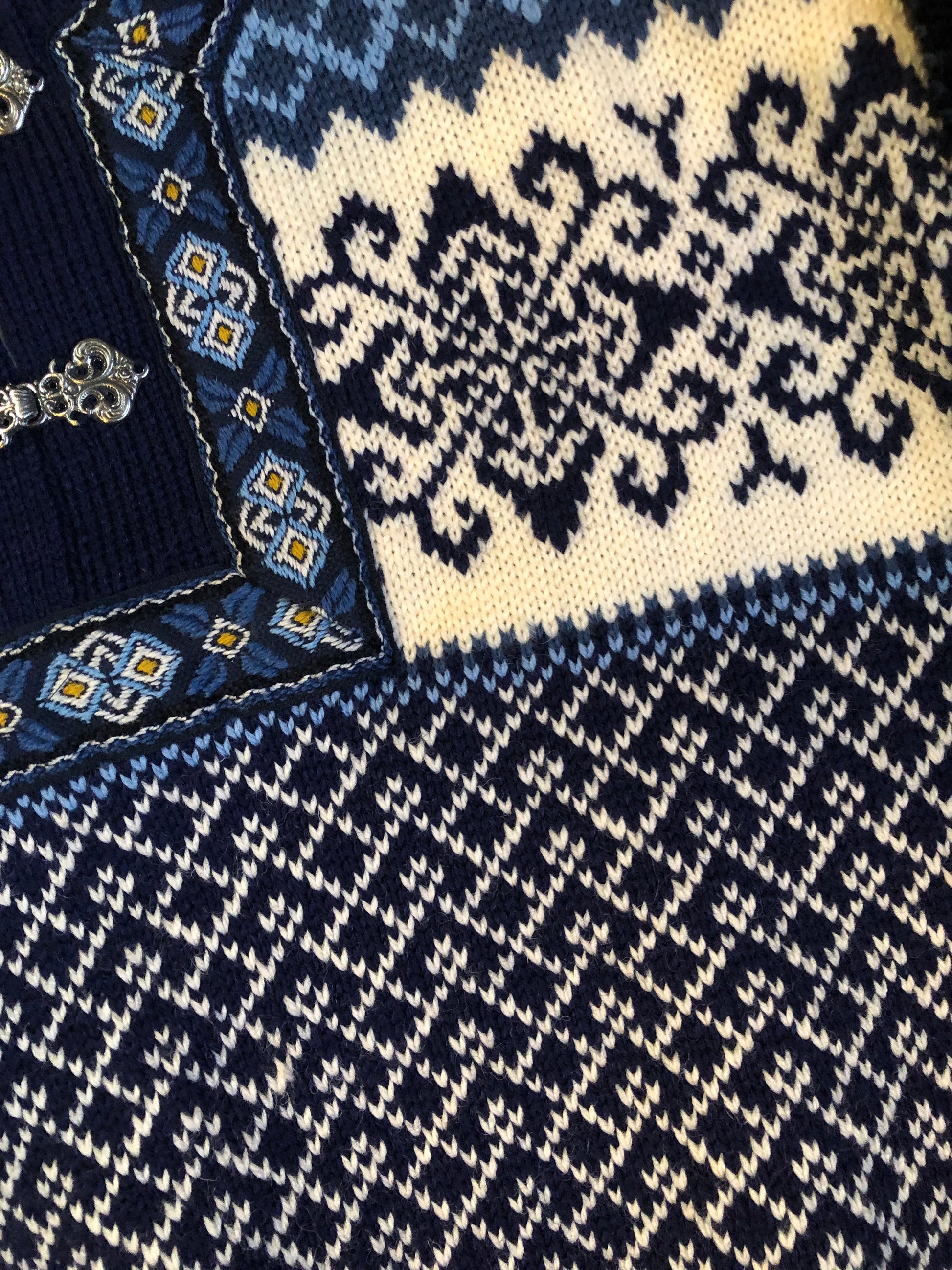 Vintage Nordstrikk 100% wool quarter cut jumper with colourful blue and yellow Norwegian pattern and pewter clasps. Made in Norway  - Kingspier Vintage