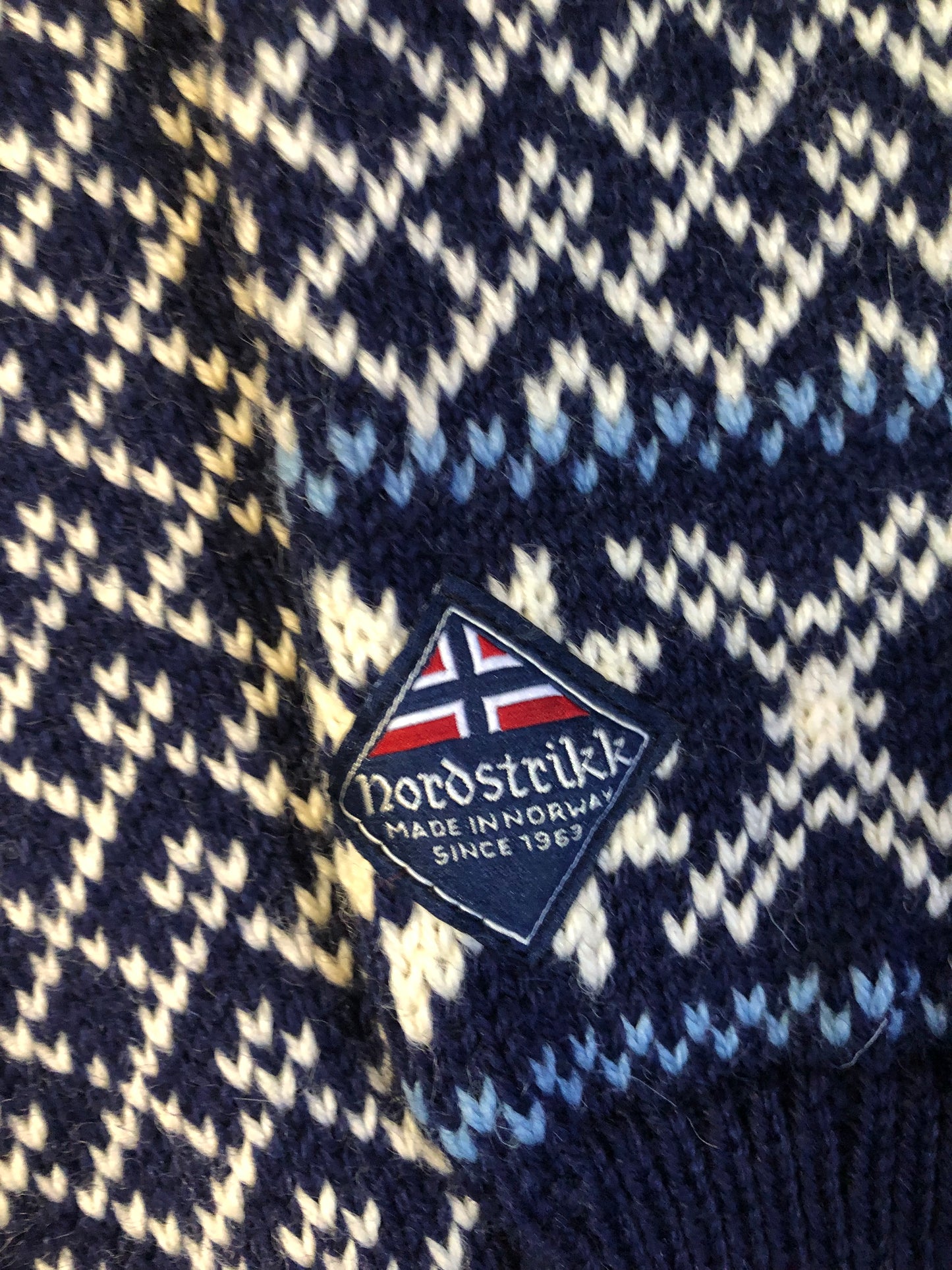 Vintage Nordstrikk 100% wool quarter cut jumper with colourful blue and yellow Norwegian pattern and pewter clasps. Made in Norway - Kingspier Vintage