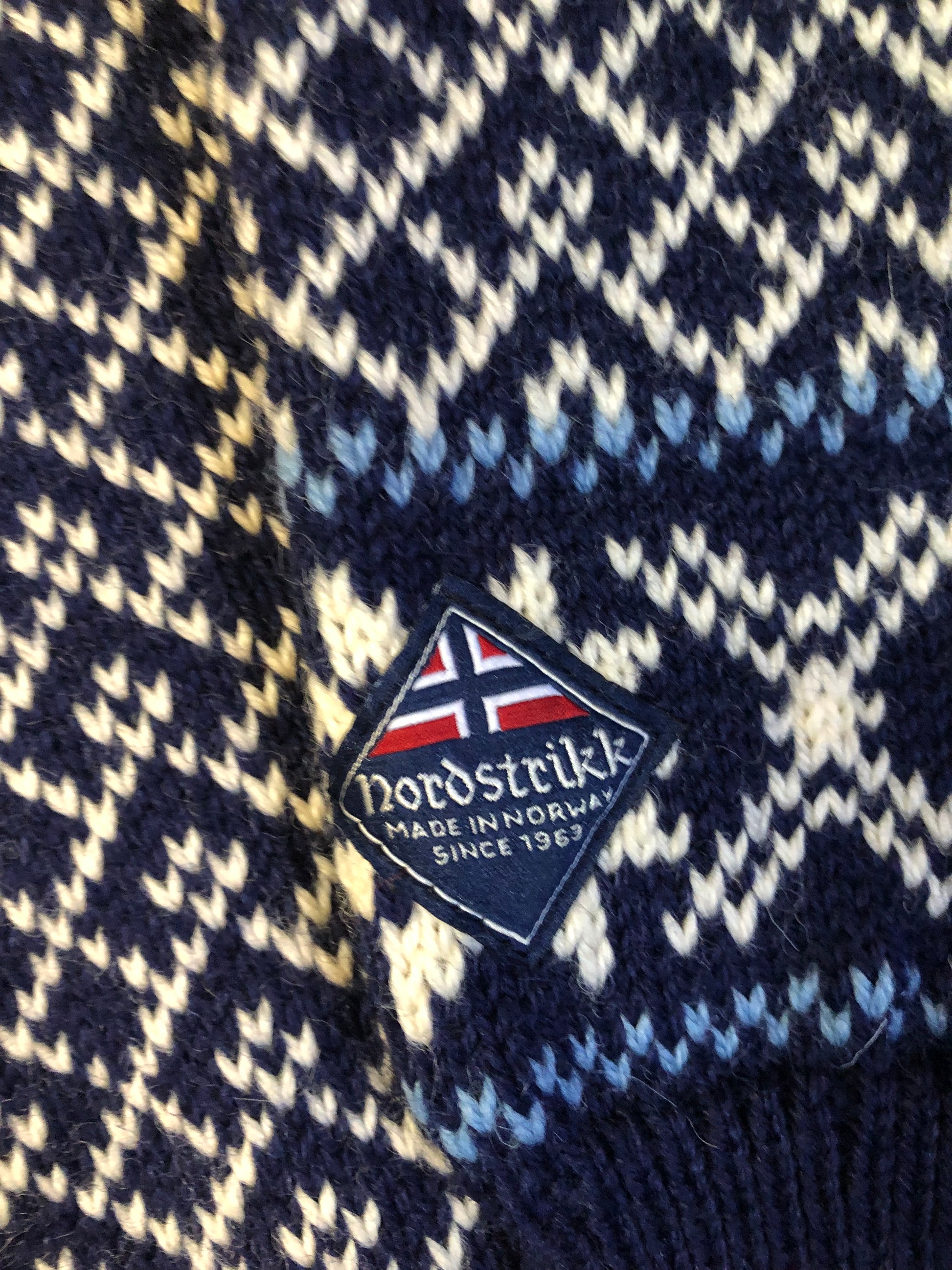 Vintage Nordstrikk 100% wool quarter cut jumper with colourful blue and yellow Norwegian pattern and pewter clasps. Made in Norway  - Kingspier Vintage