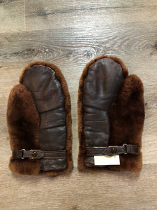 Kingspier Vintage - Vintage shorn beaver fur mittens with dark brown leather palm, adjustable strap at the wrists and wool lining. Size medium mens.