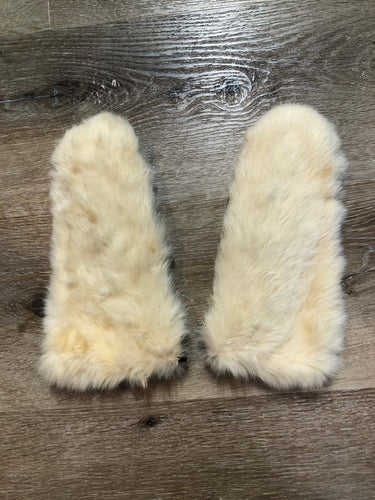 Kingspier Vintage - Vintage white rabbit fur mittens with black vinyl palms and cotton lining. Womens size medium/ 8.