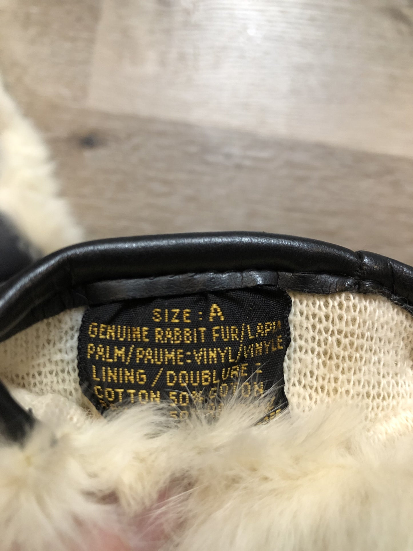 Kingspier Vintage - Vintage white rabbit fur mittens with black vinyl palms and cotton lining. Womens size medium/ 8.