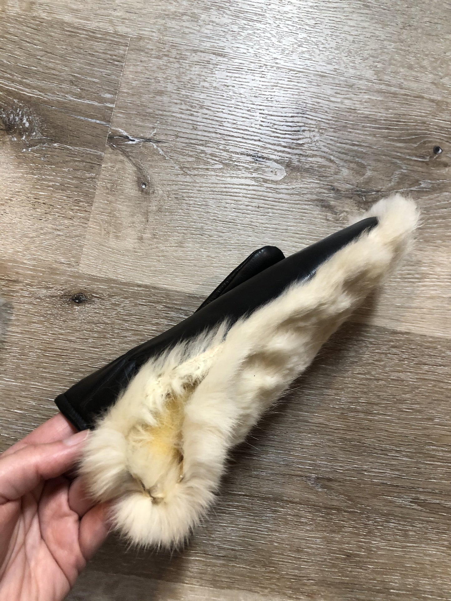 Kingspier Vintage - Vintage white rabbit fur mittens with black vinyl palms and cotton lining. Womens size medium/ 8.