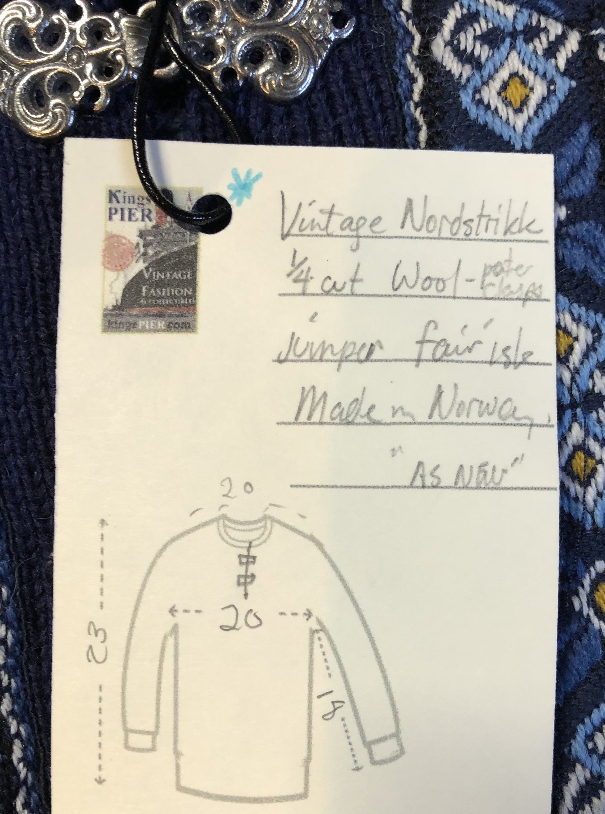 Vintage Nordstrikk 100% wool quarter cut jumper with colourful blue and yellow Norwegian pattern and pewter clasps. Made in Norway  - Kingspier Vintage