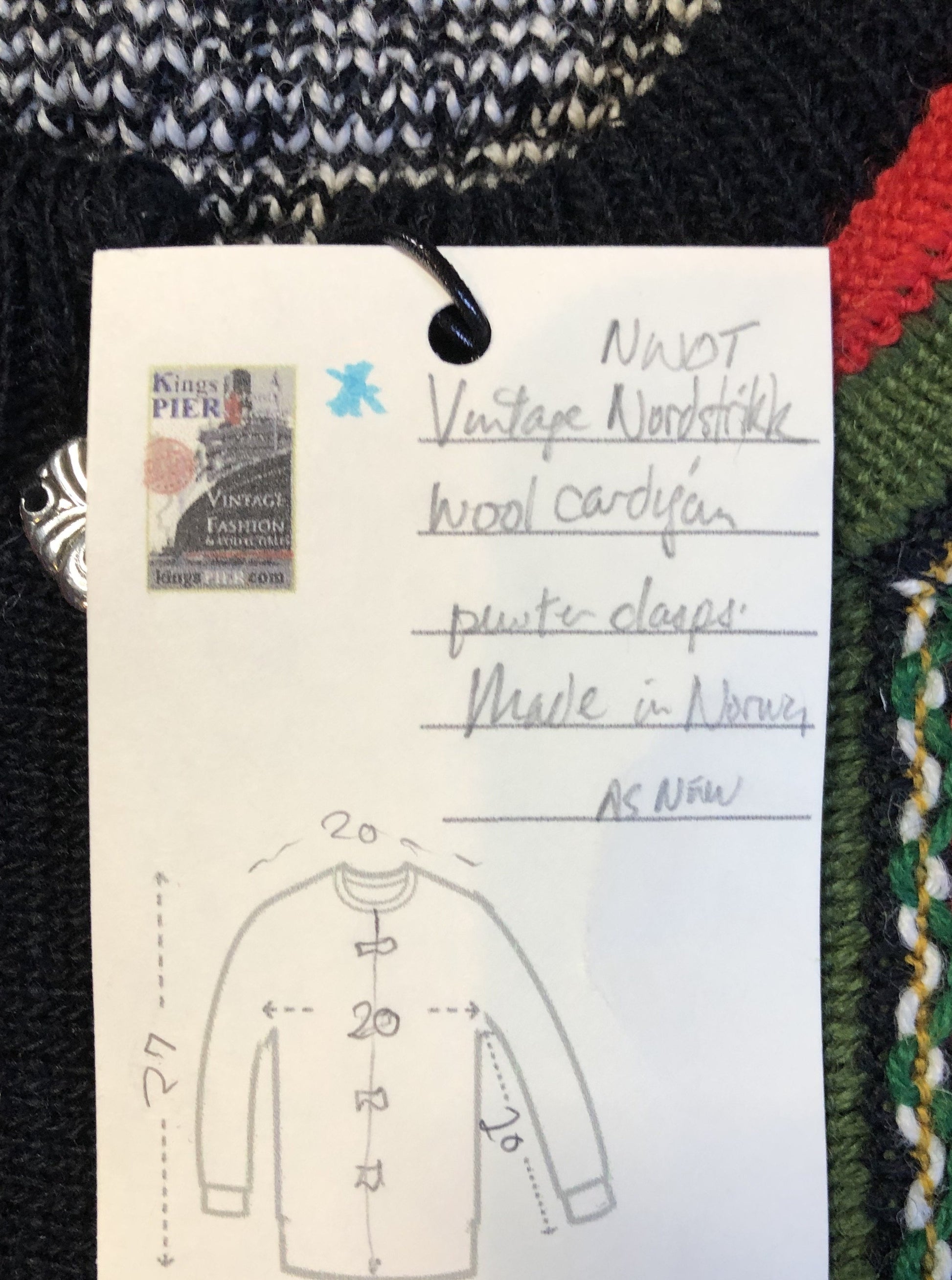 Vintage Nordstrikk 100% wool cardigan with colourful Norwegian pattern and pewter clasps. NWOT. Made in Norway - Kingspier Vintage