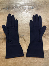 Load image into Gallery viewer, Kingspier Vintage - Vintage navy blue lightweight gloves with raised stitching. Synthetic blend fabric. Size small women’s.
