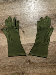 Kingspier Vintage - Vintage olive green lightweight gloves with decorative stitching. Synthetic blend fabric has a bit of stretch. Size small/ 7 womens.
