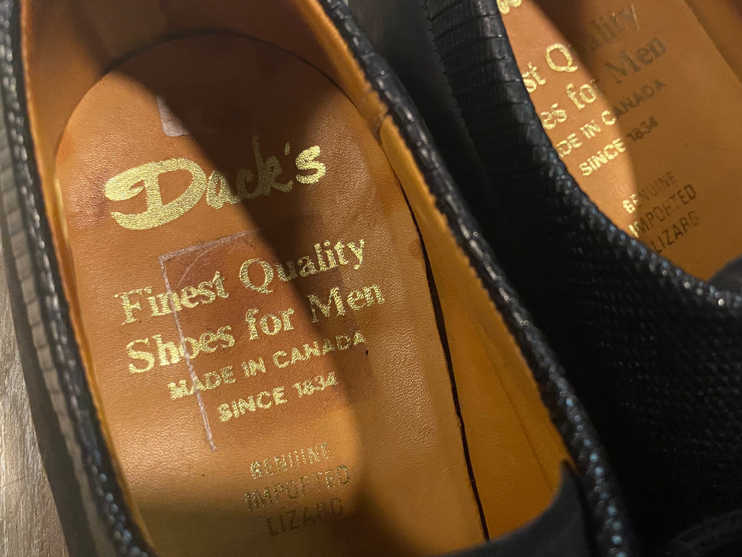 Kingspier Vintage - Black Lizard Collar Derbies by Dack’s Finest Quality Shoes for Men - Sizes: 8M 10W 41EURO, Made in Canada, Genuine Imported Lizard Collar with Matte Black Body, Extra Quality Leather Soles and Rubber Heels