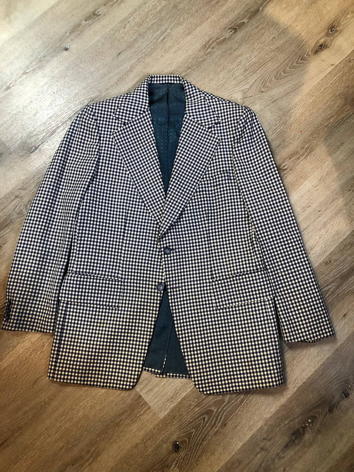 Vintage Saville Row two piece suit in navy and white gingham pattern is union made. - Kingspier vintage